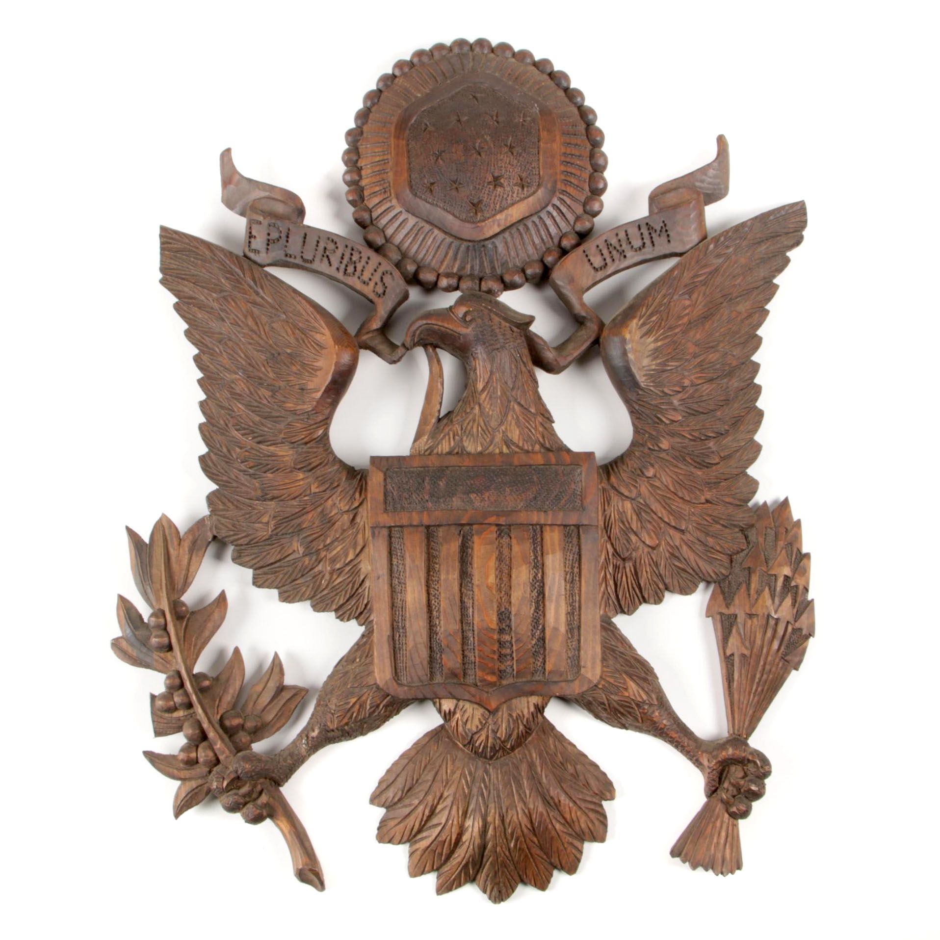 Carved Pine "E Pluribus Unum" American Eagle Wall Plaque, Mid-20th Century
