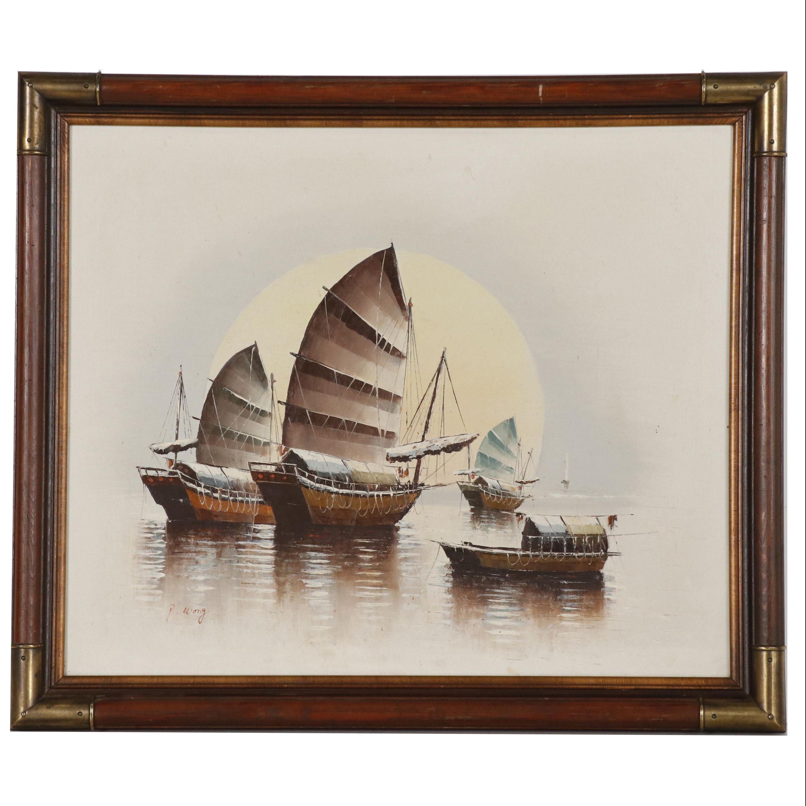 P. Wong Oil Painting of Southeat Asian Junk Boats in Harbor