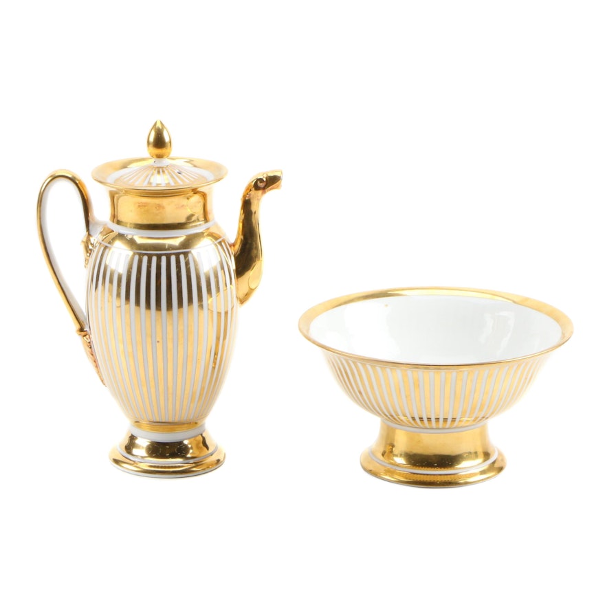 Gilt Porcelain Coffee Pot and Footed Serving Bowl, Late 19th/Early 20th Century