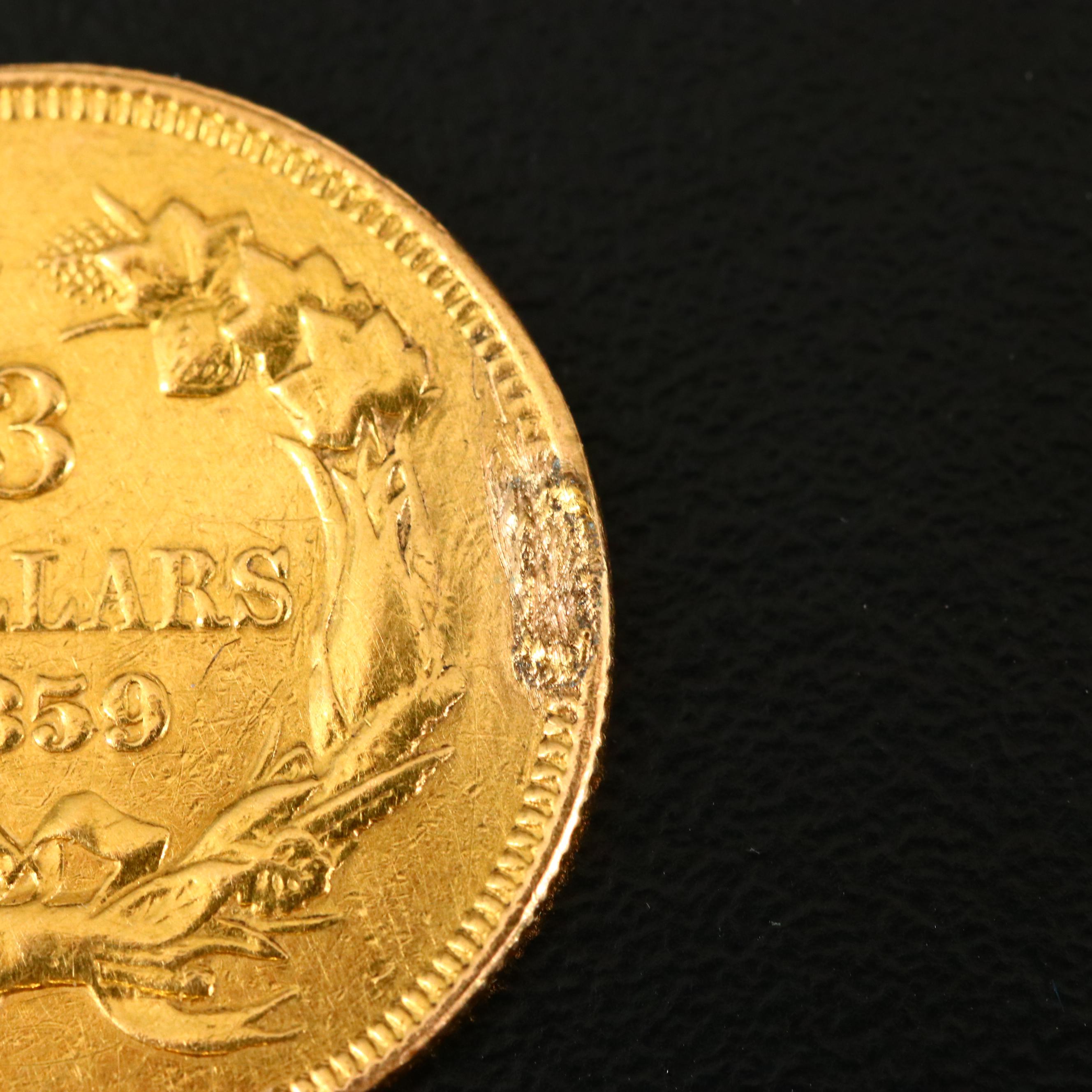 1859 Indian Princess Head $3 Gold Coin