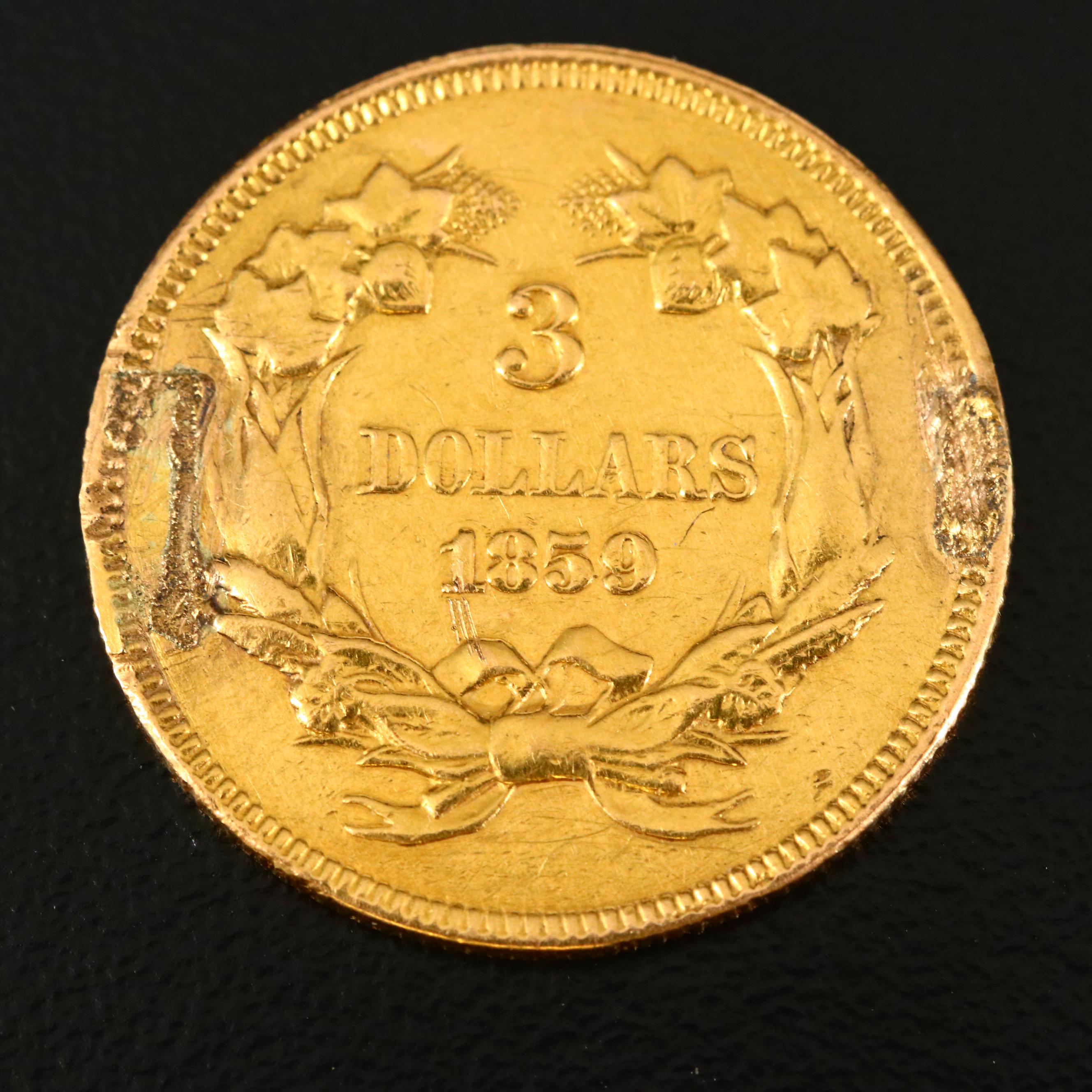 1859 Indian Princess Head $3 Gold Coin
