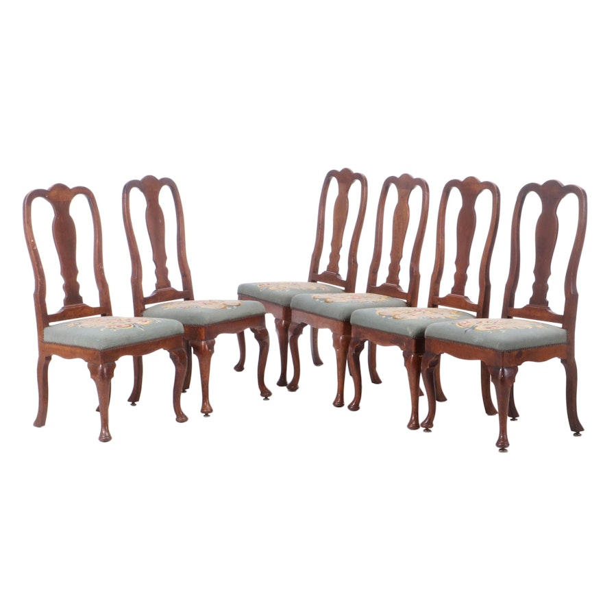 Six Queen Anne Style Walnut Dining Chairs in Needlepoint, 19th Century