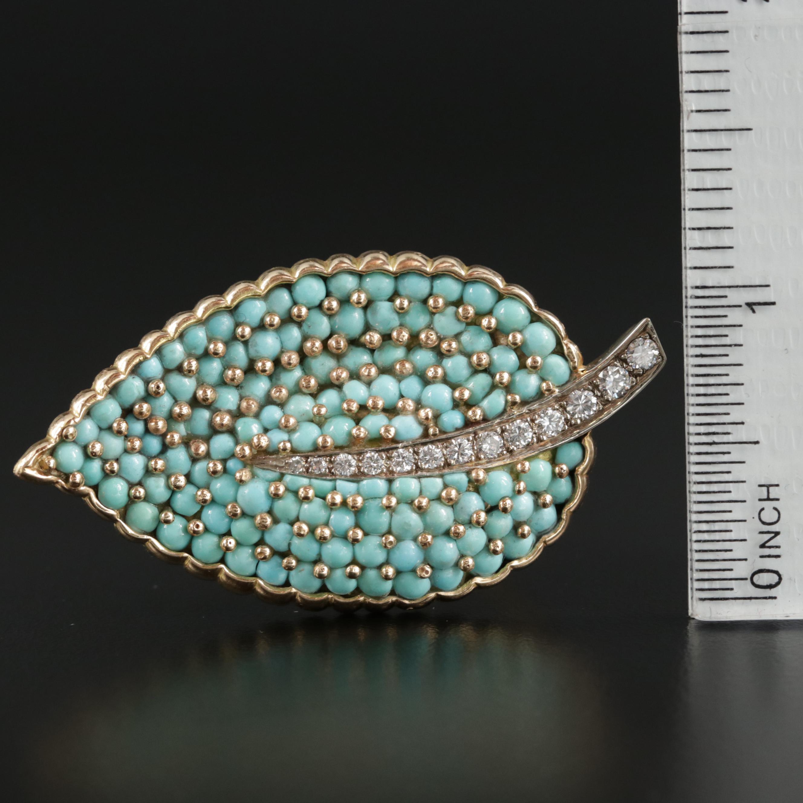 Vintage 14K Gold Turquoise and Diamond Leaf Fur Clip