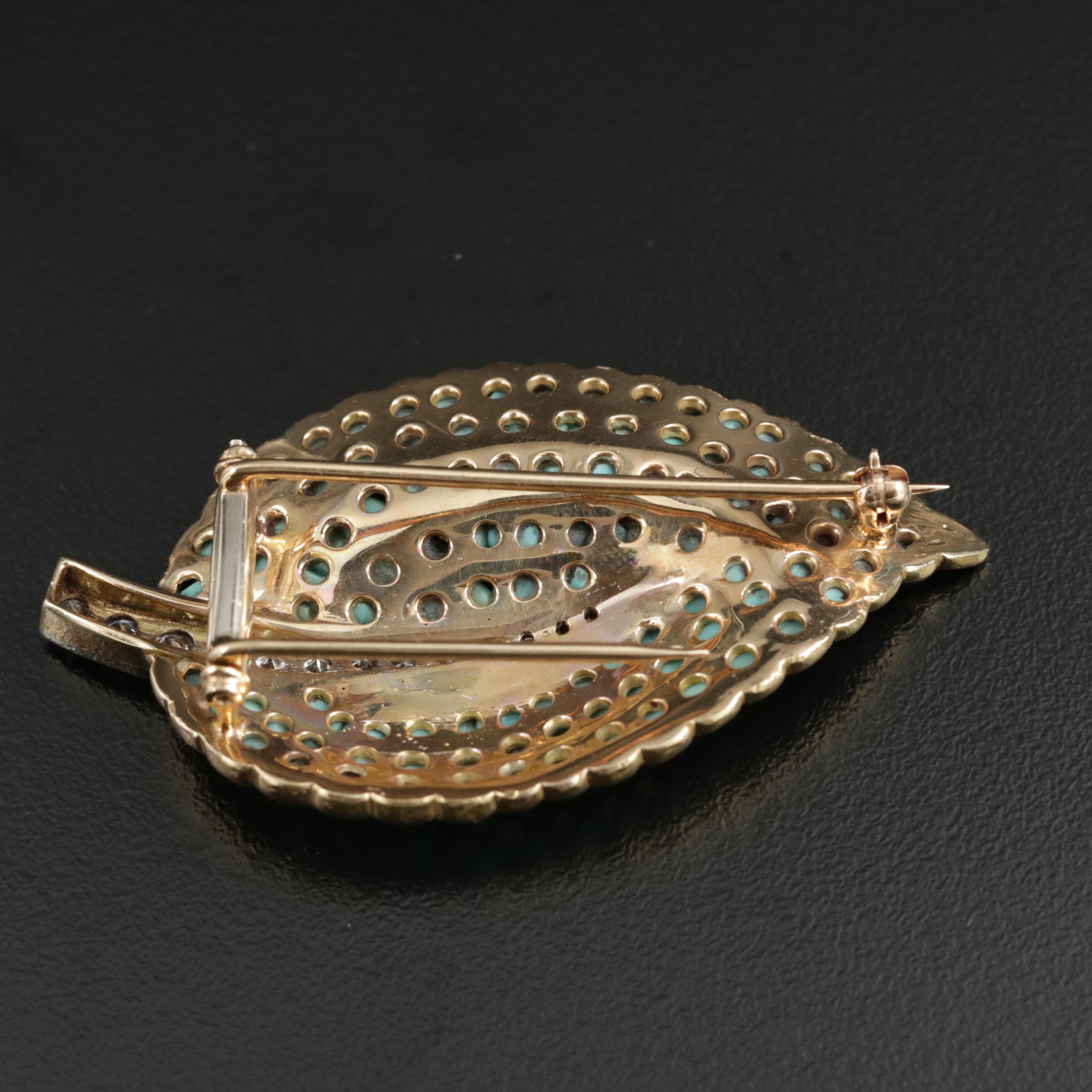 Vintage 14K Gold Turquoise and Diamond Leaf Fur Clip