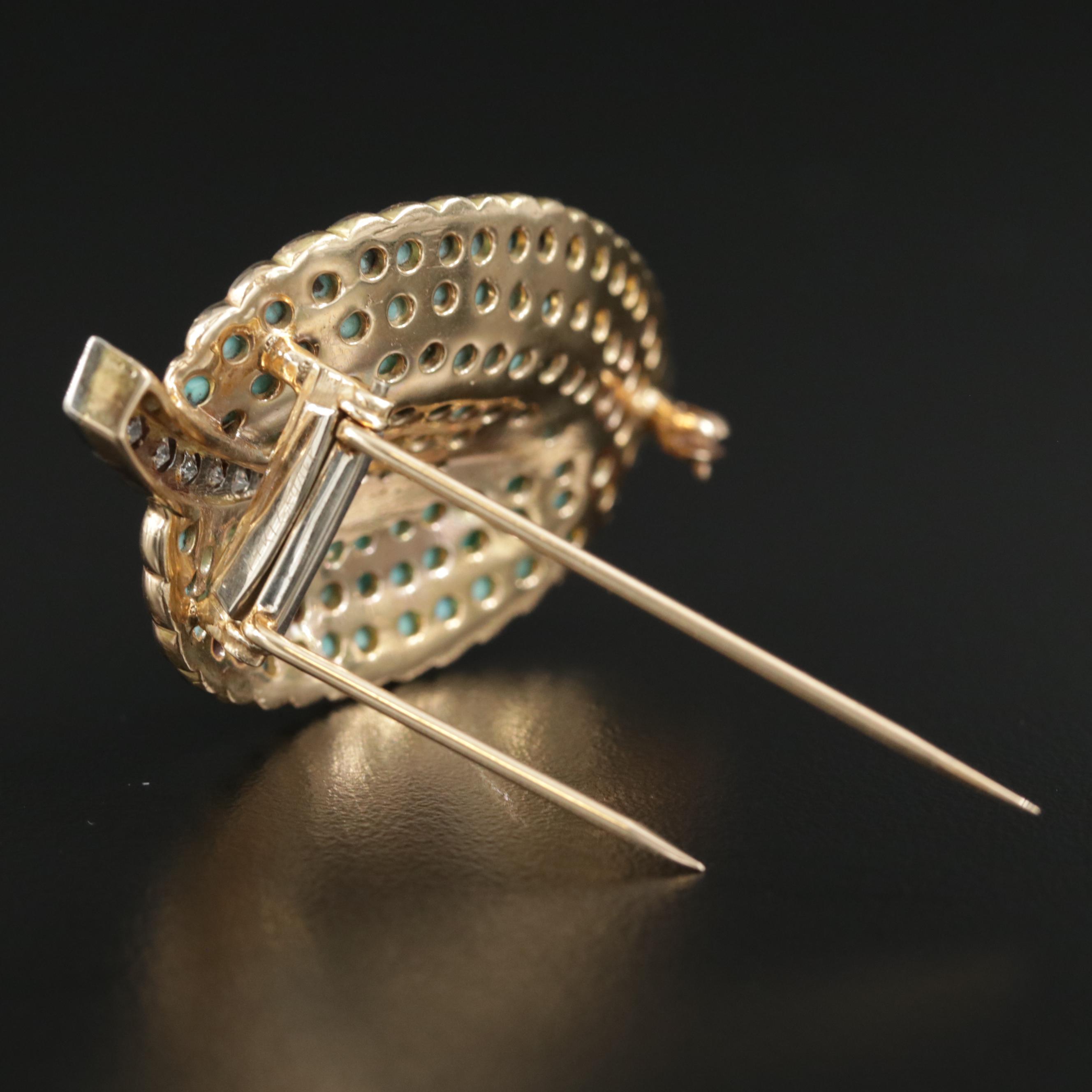 Vintage 14K Gold Turquoise and Diamond Leaf Fur Clip