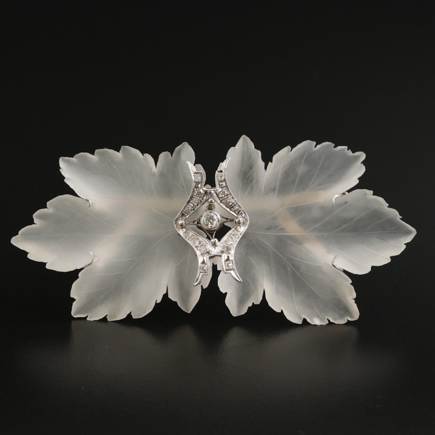 14K Gold Rock Crystal Quartz and Diamond Double Leaf Brooch