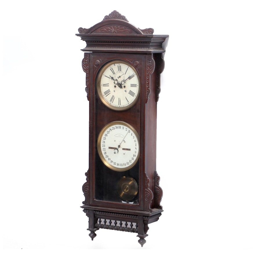 Waterbury #25, Eastlake Style Carved Walnut Calendar Clock, Late 19th Century