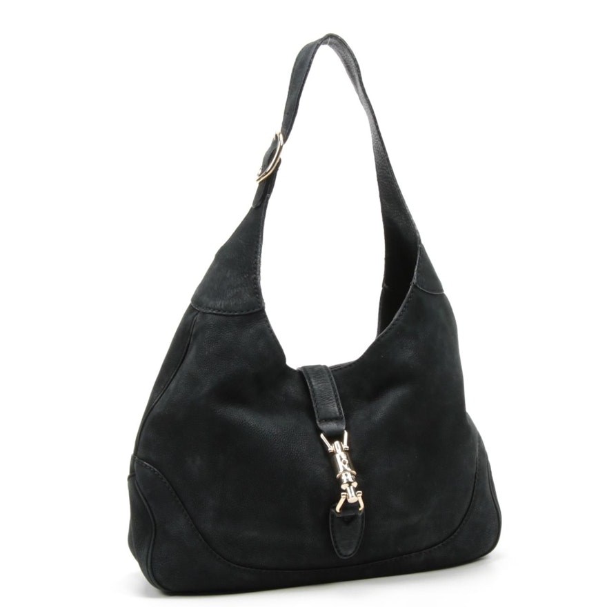 Gucci Jackie Black Soft Leather Piston Lock Hobo Bag