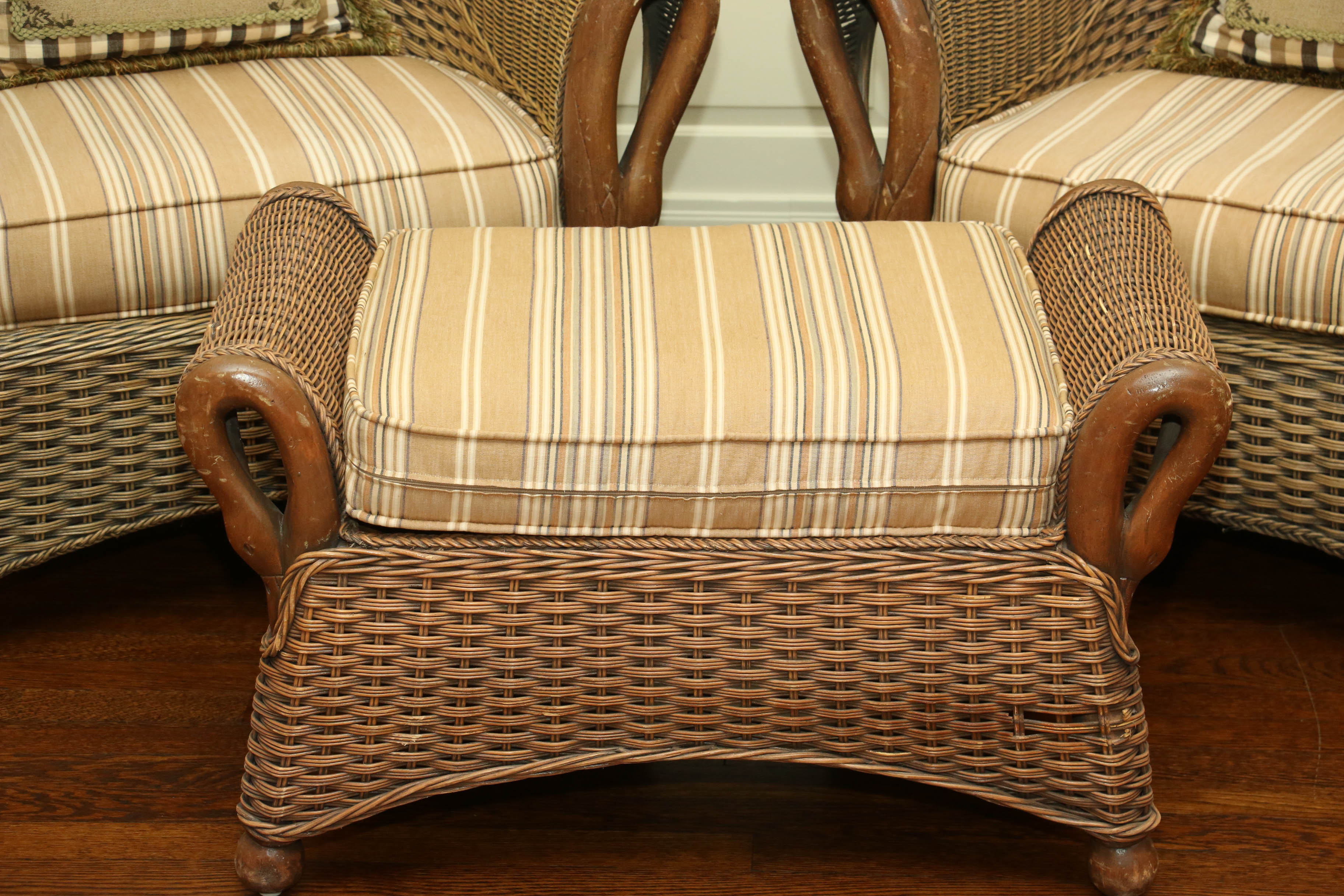 Pair of Wicker Armchairs with Duck-Carved Arms Plus Footstool and Accent Pillows