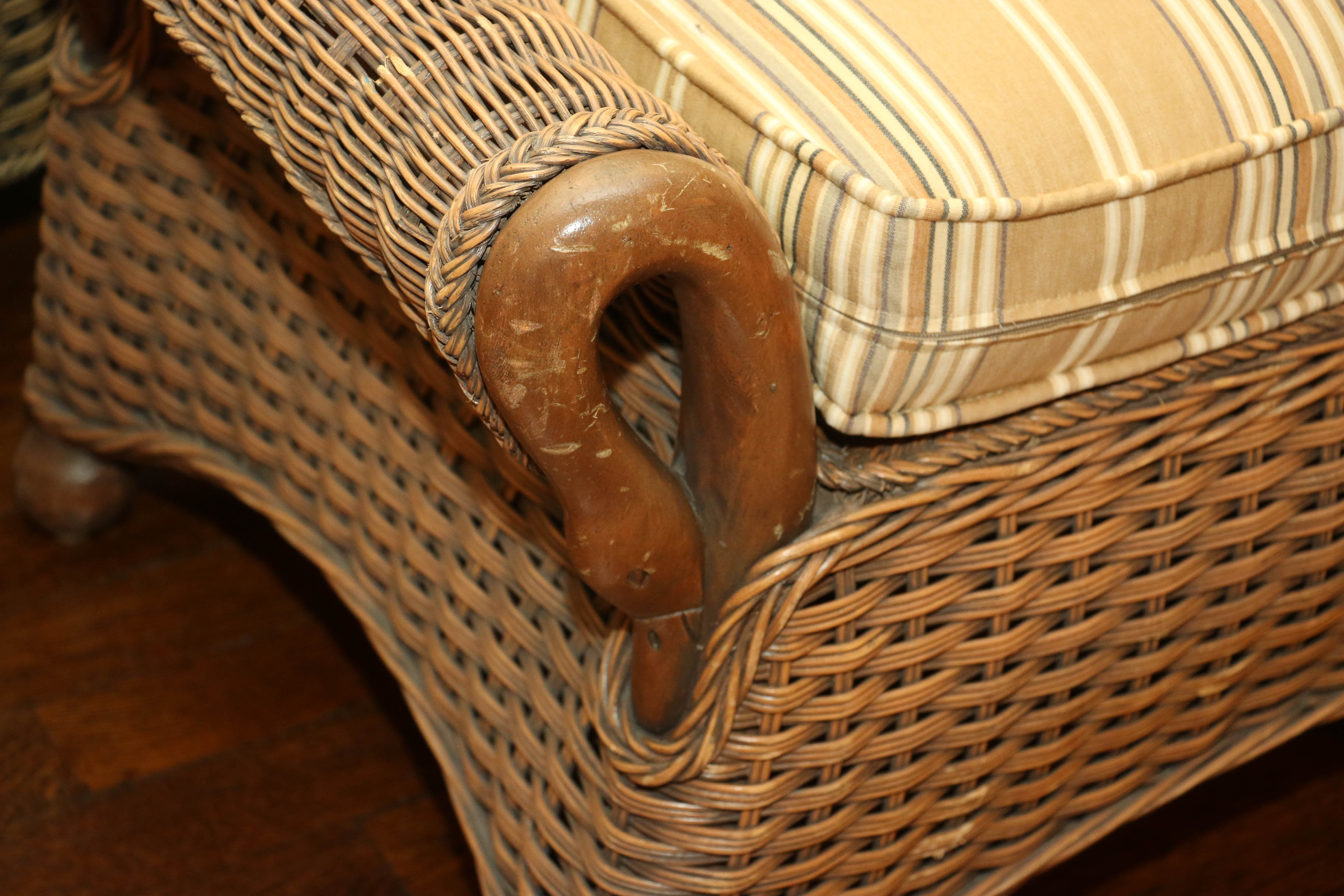 Pair of Wicker Armchairs with Duck-Carved Arms Plus Footstool and Accent Pillows