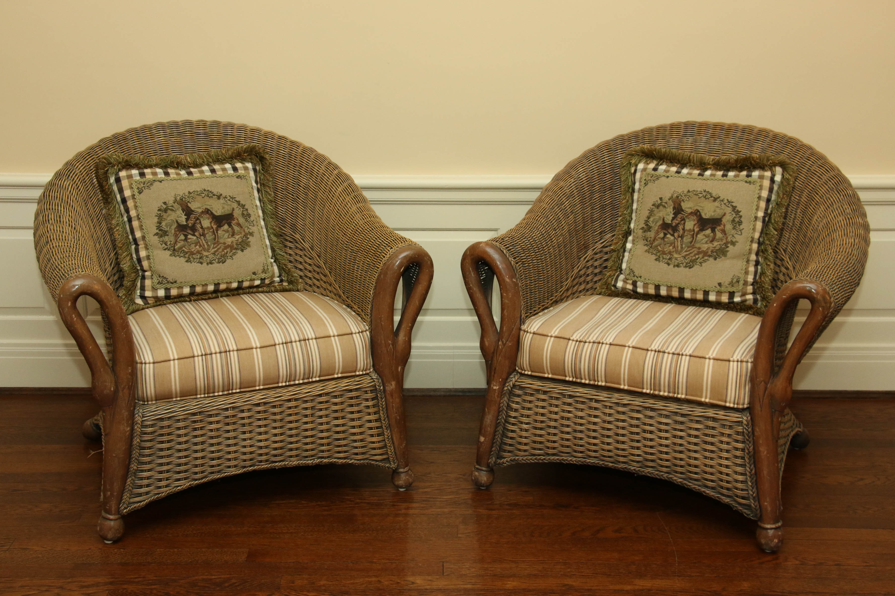Pair of Wicker Armchairs with Duck-Carved Arms Plus Footstool and Accent Pillows