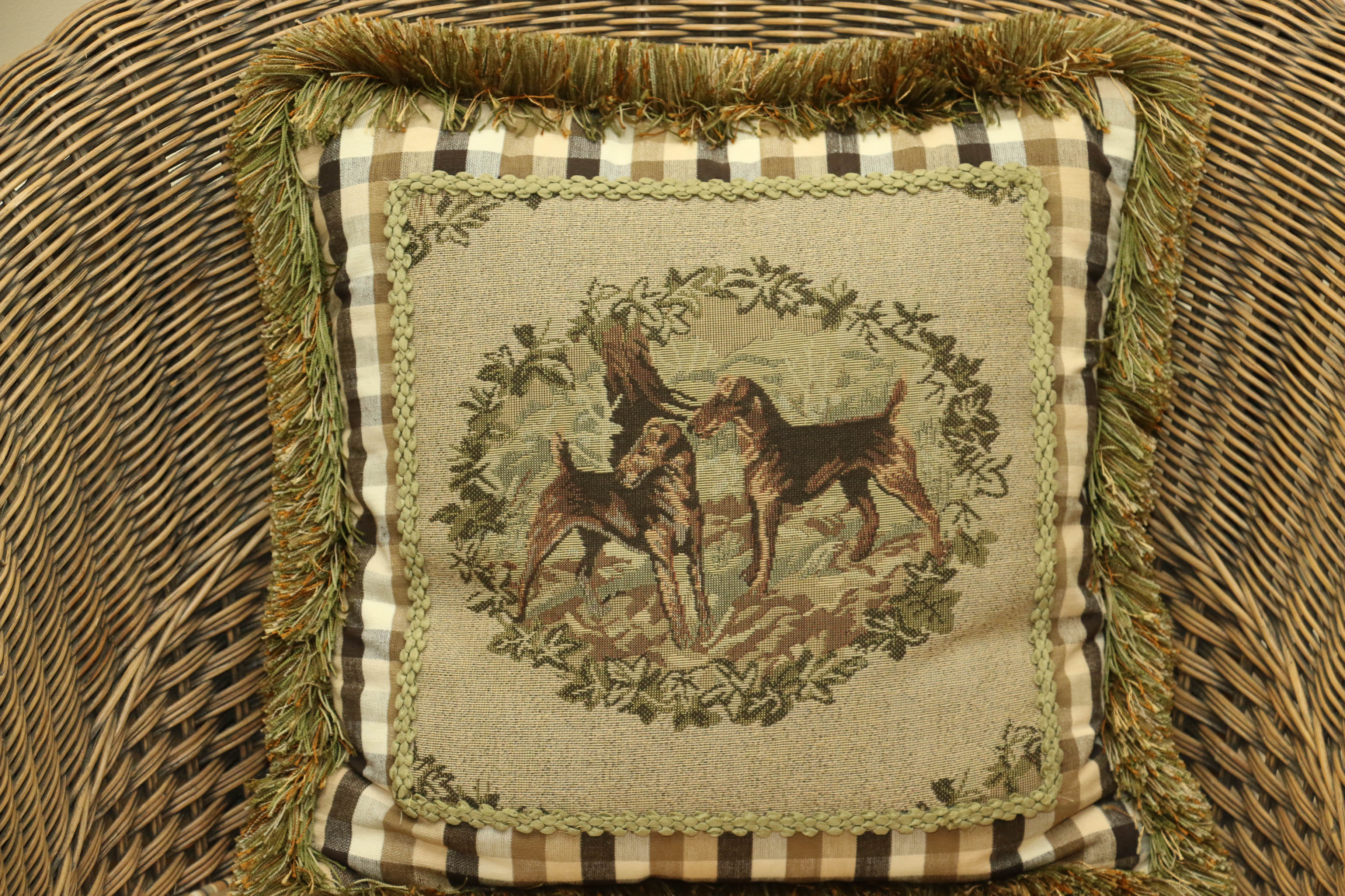 Pair of Wicker Armchairs with Duck-Carved Arms Plus Footstool and Accent Pillows