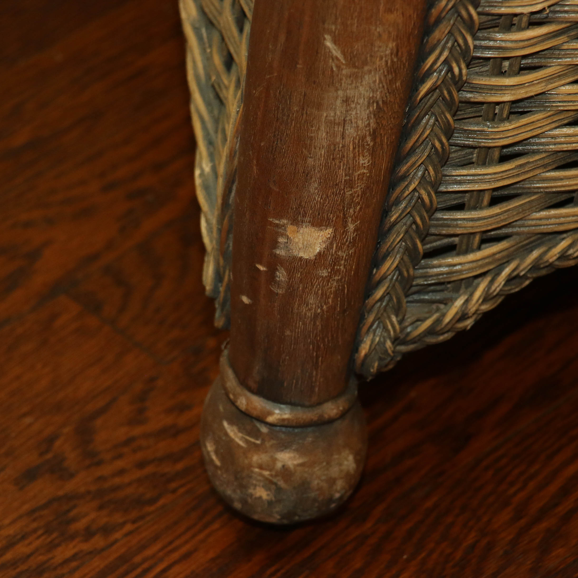Pair of Wicker Armchairs with Duck-Carved Arms Plus Footstool and Accent Pillows