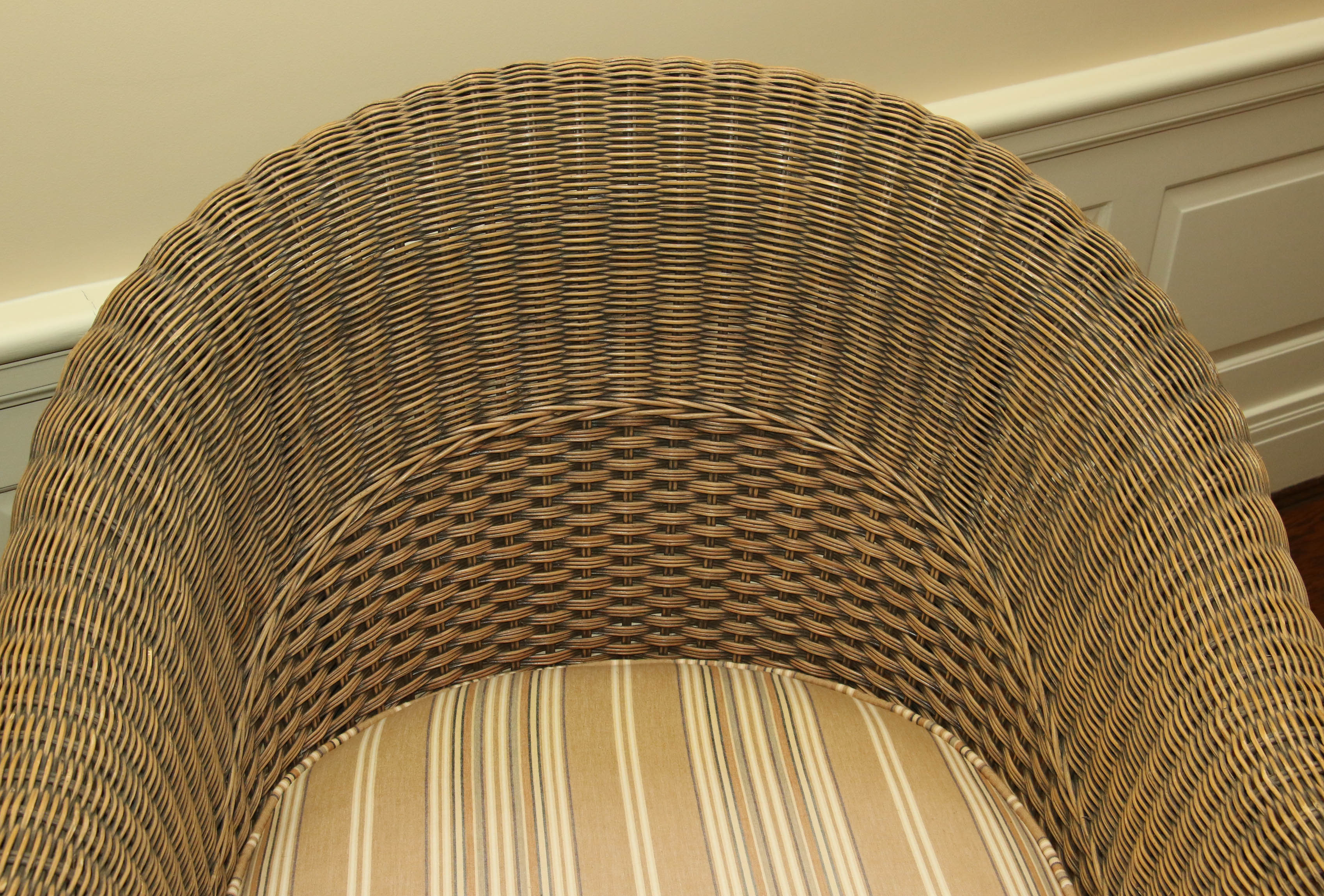 Pair of Wicker Armchairs with Duck-Carved Arms Plus Footstool and Accent Pillows