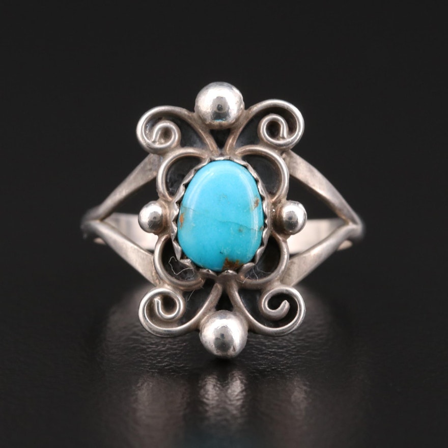 Southwestern Style Sterling Turquoise Scrollwork Ring