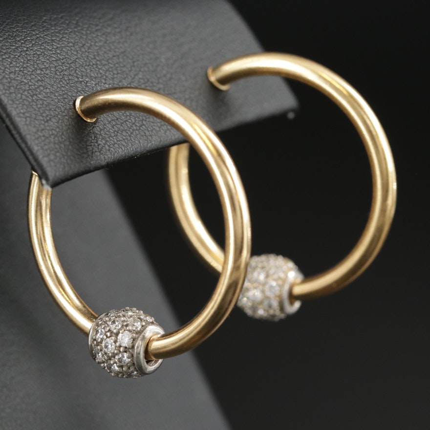18K Yellow Gold Hoop Earrings with Cubic Zirconia Beads