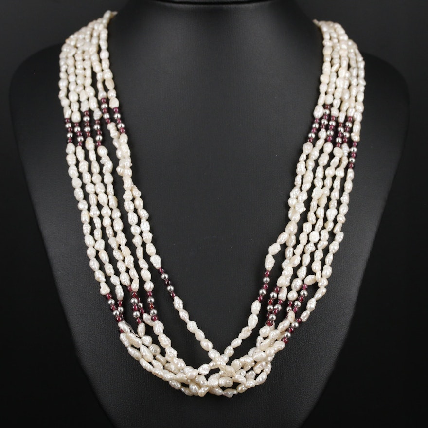 Multi-Strand Pearl and Rhodolite Garnet Necklace