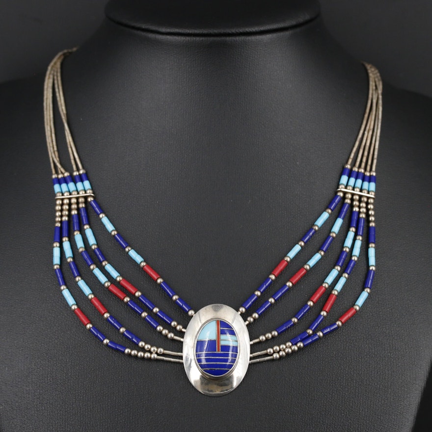 Southwestern Style Sterling Silver Necklace Featuring Imitation Gemstone Accents