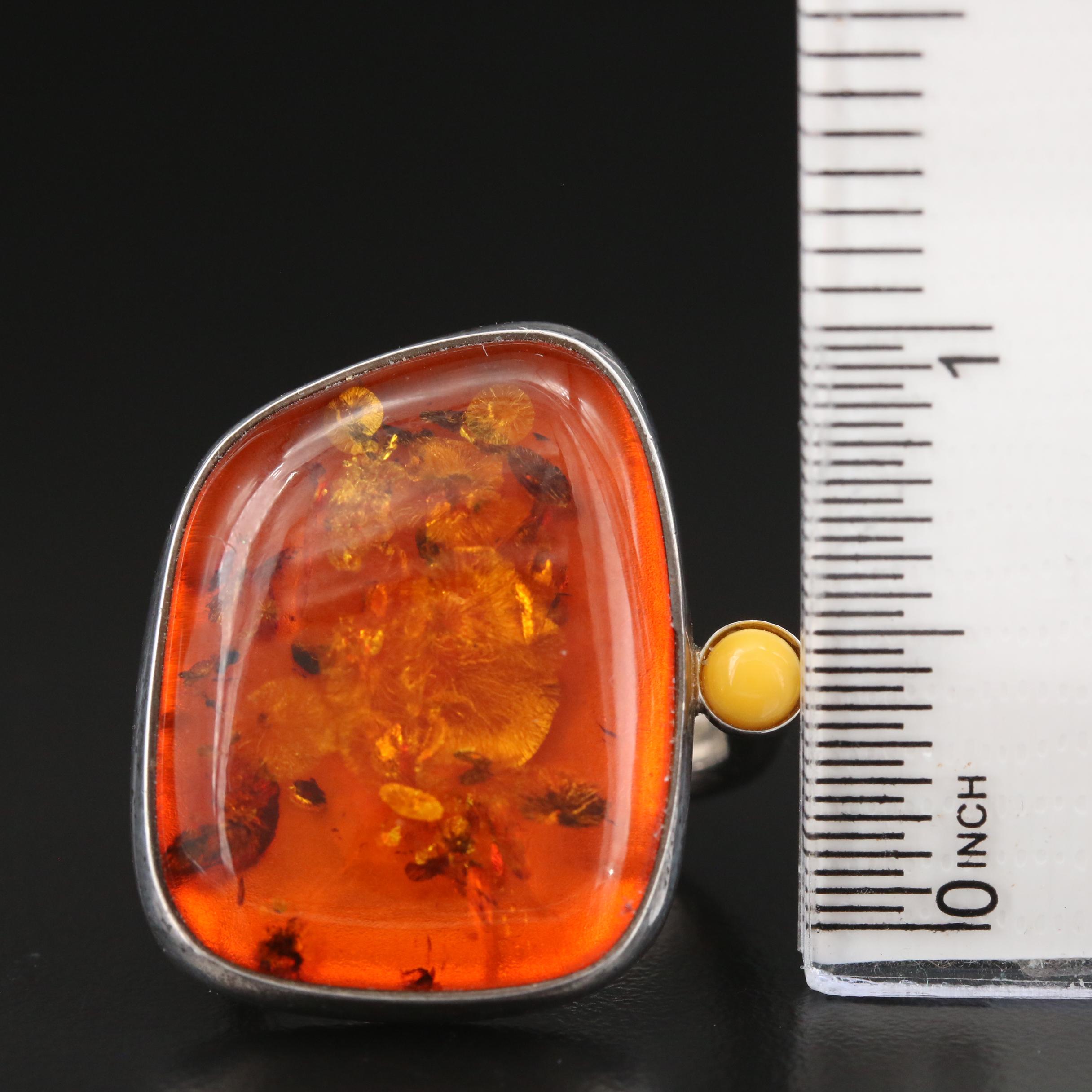 Polish Sterling Amber Ring with Mutton Fat Amber Accent