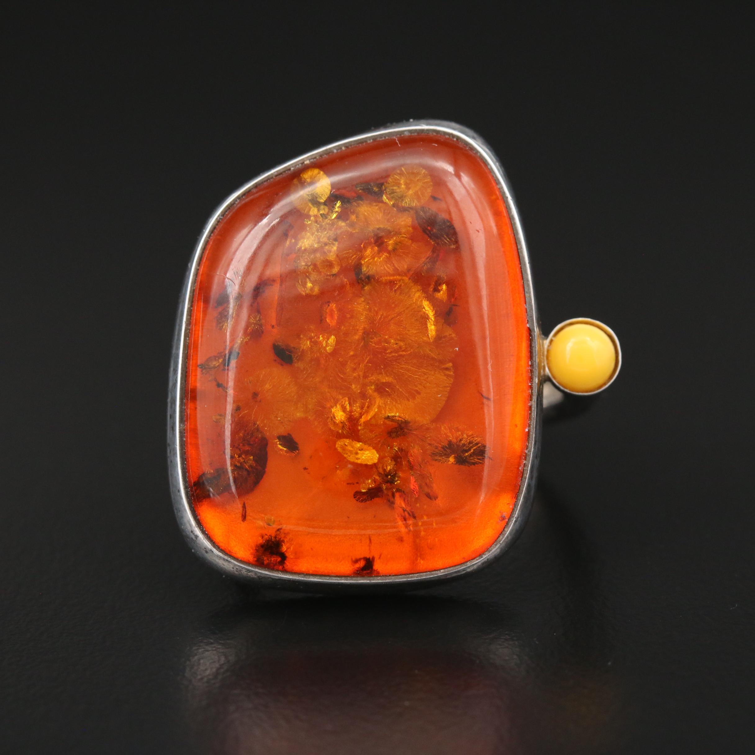 Polish Sterling Amber Ring with Mutton Fat Amber Accent
