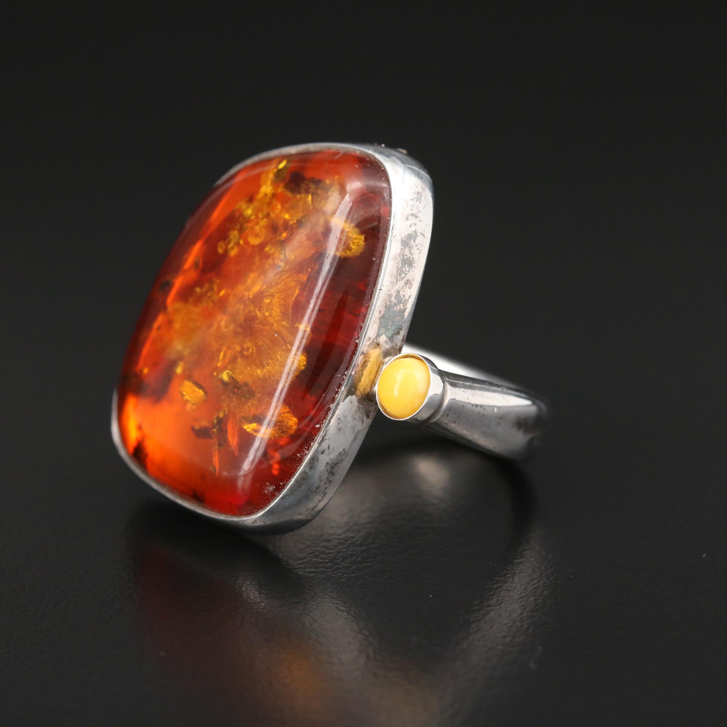 Polish Sterling Amber Ring with Mutton Fat Amber Accent