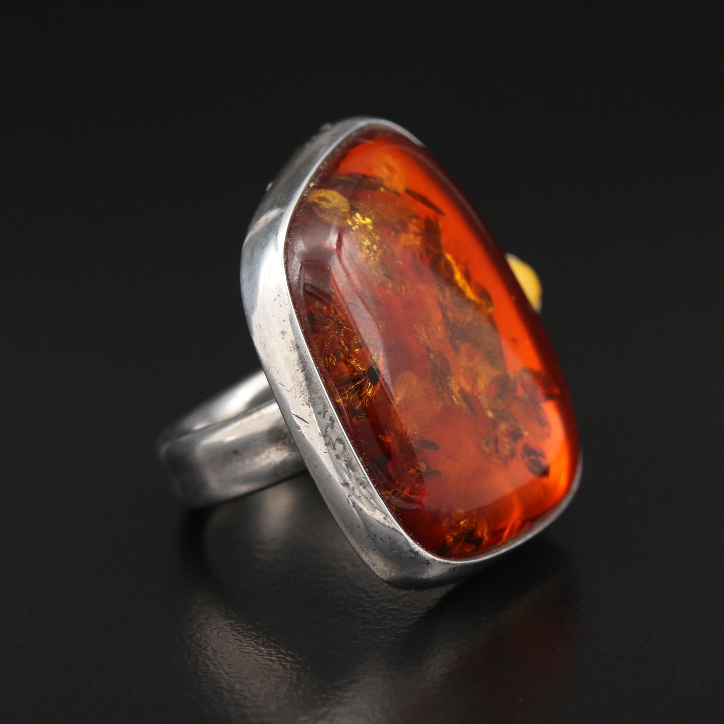 Polish Sterling Amber Ring with Mutton Fat Amber Accent