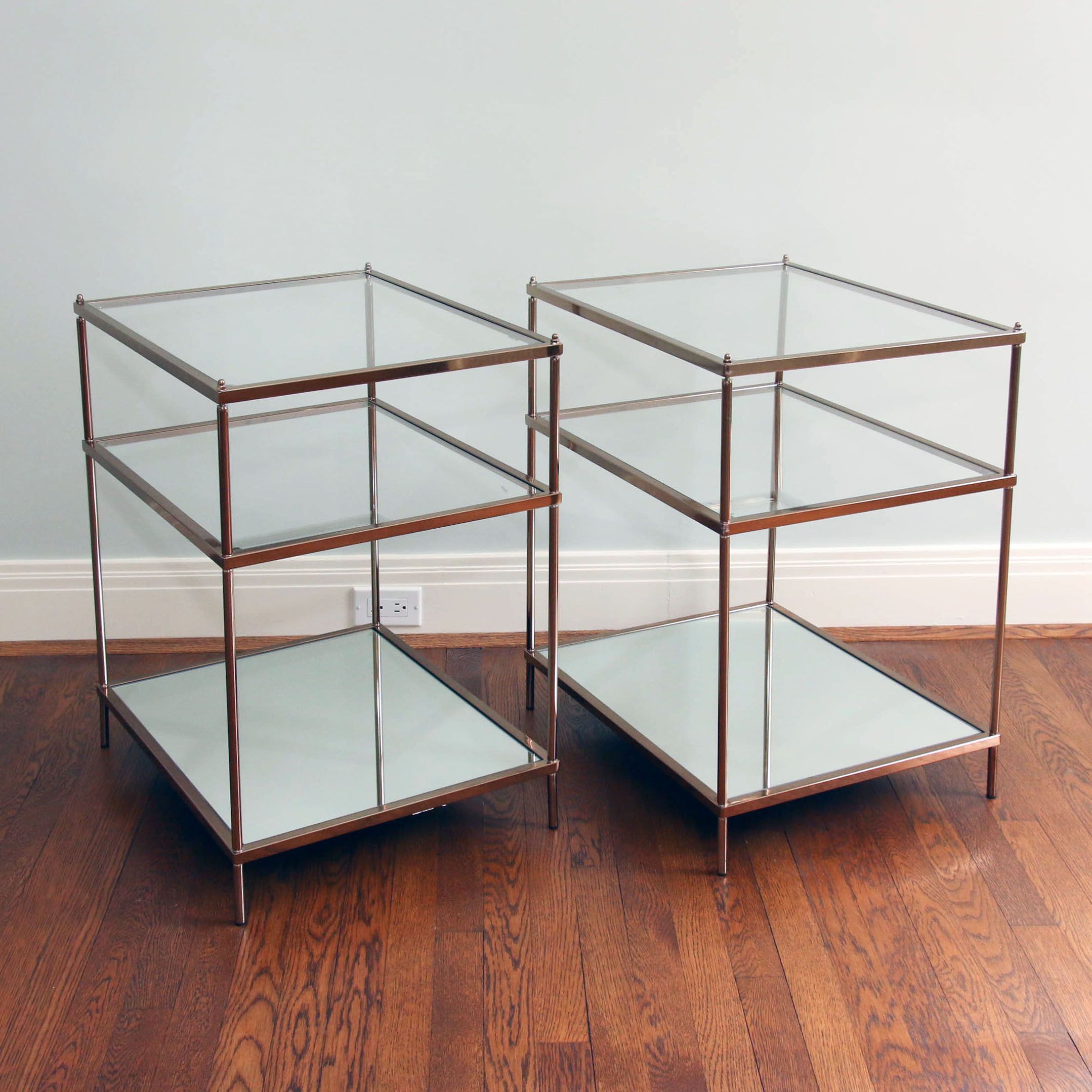 Pair of Gold-Tone Metal Three-Tier Side Tables with Clear and Mirrored Glass