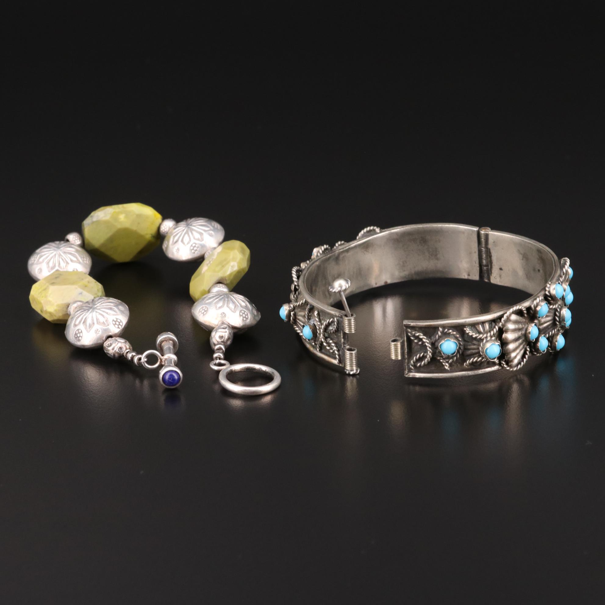 Italian Sterling Silver Serpentine and Lapis Lazuli Bracelets