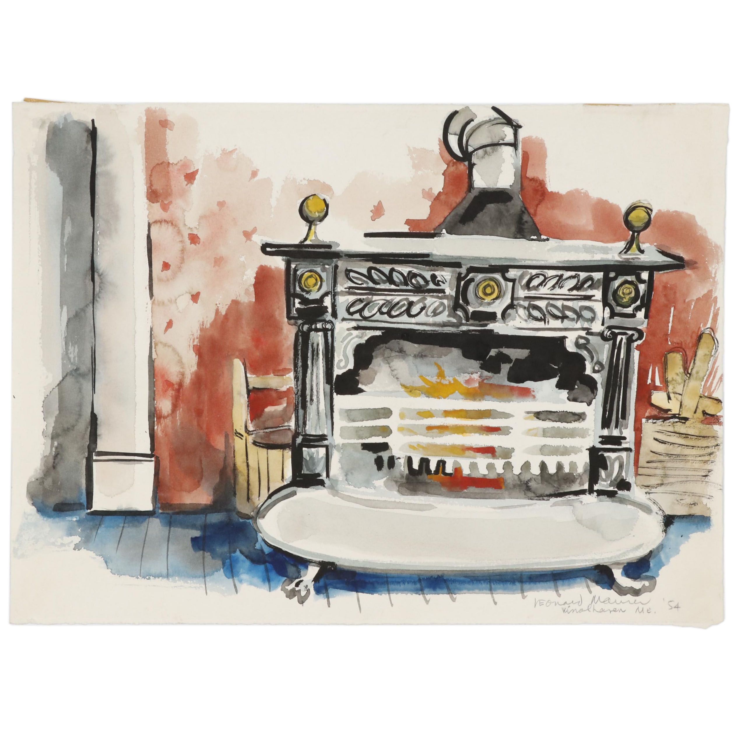 Leonard Maurer Ink and Watercolor Painting of Antique Wood Burning Stove, 1954