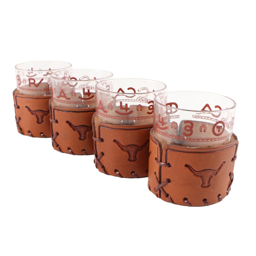 Libbey Glass Tumblers with Western Steer and Cowboy Leather Holders