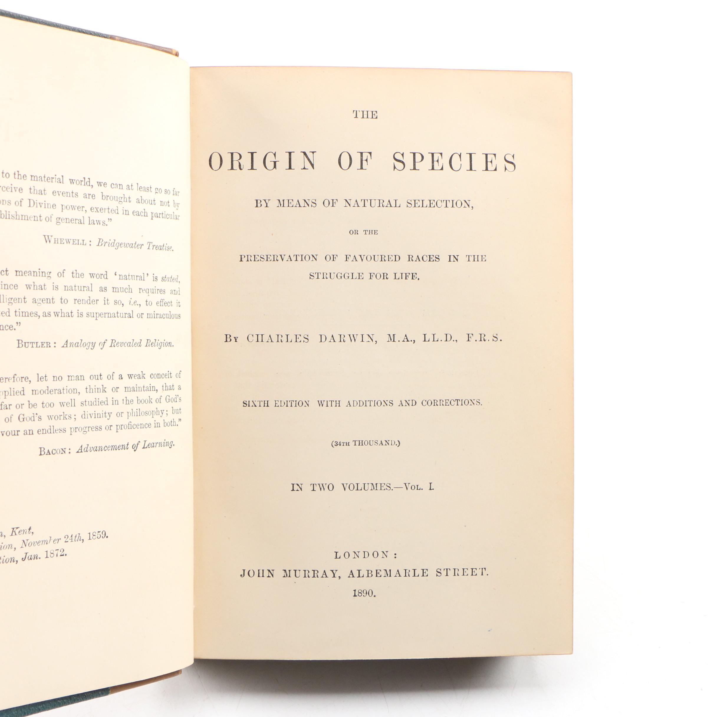 1890 "The Origin of Species" by Charles Darwin, Finely Bound Two-Volume Set