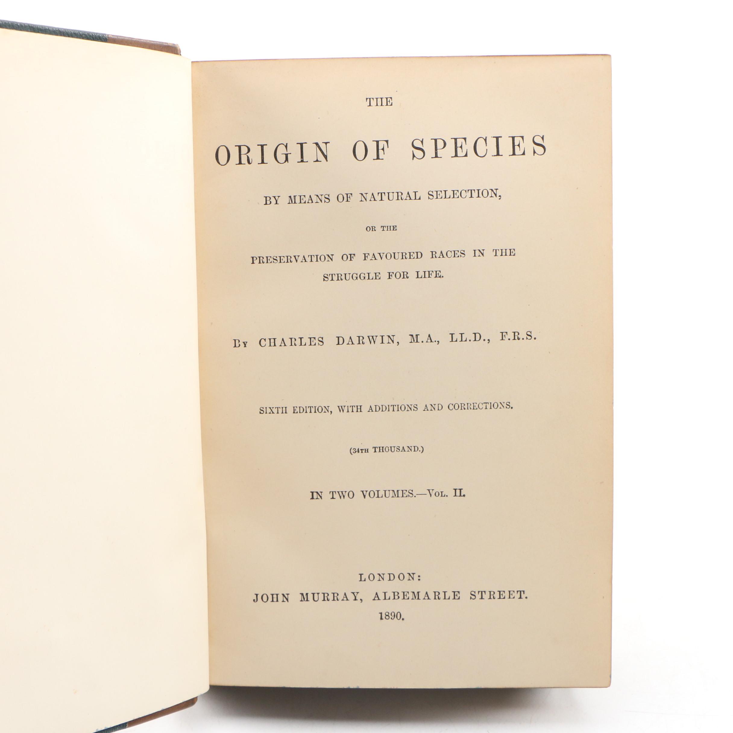1890 "The Origin of Species" by Charles Darwin, Finely Bound Two-Volume Set