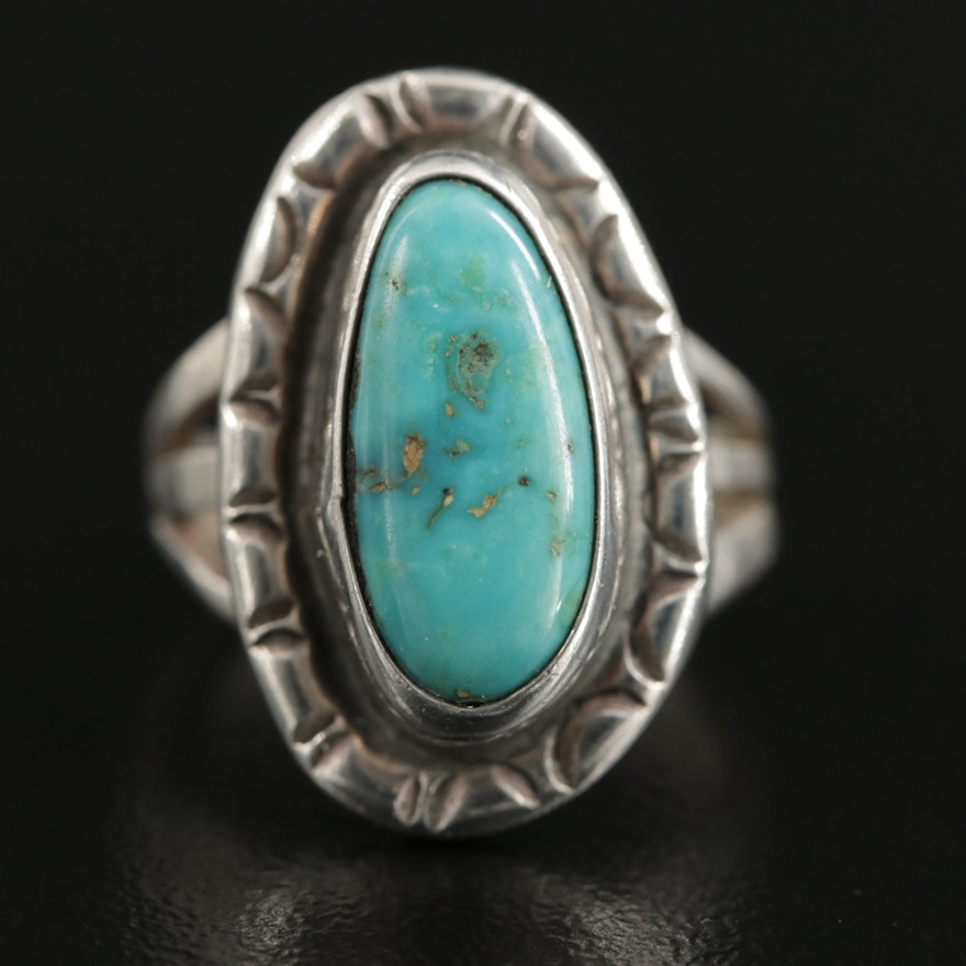 Southwestern Sterling Turquoise Stampwork Ring with Split Shoulders