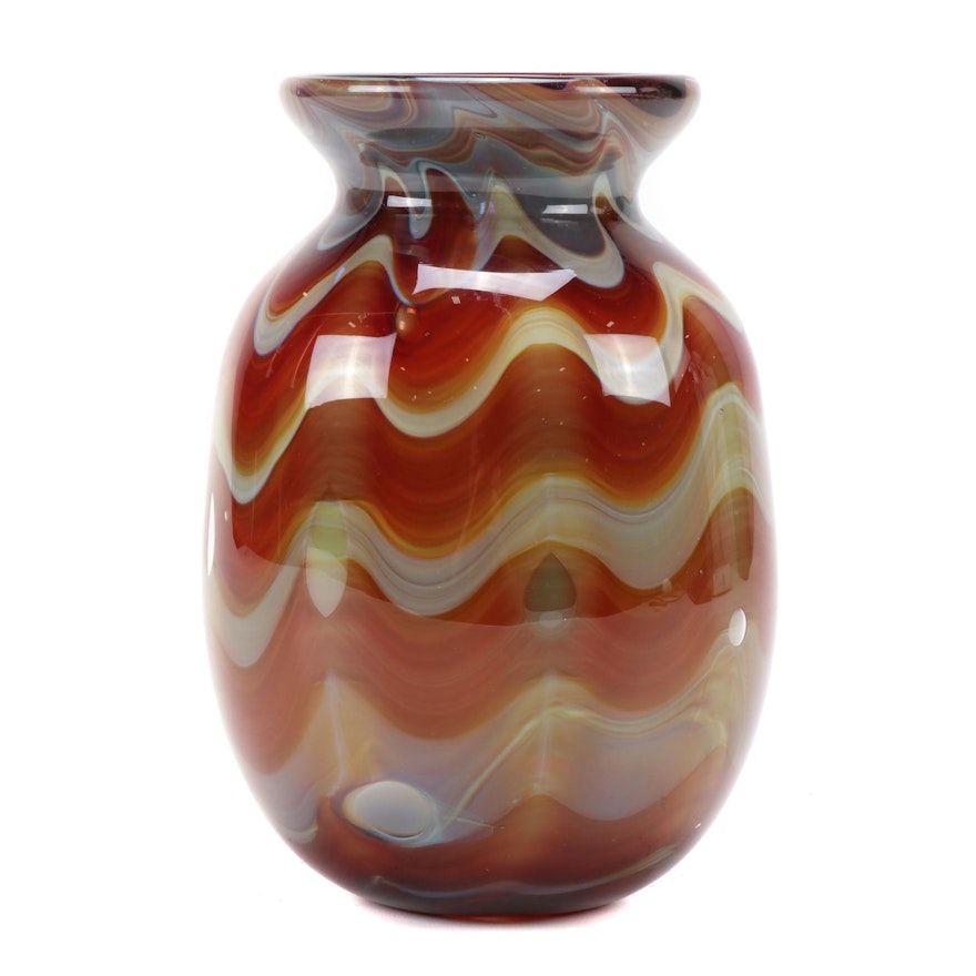 Nick Delmatto Hand-Blown "Amber and Cream Thread" Art Glass Vase