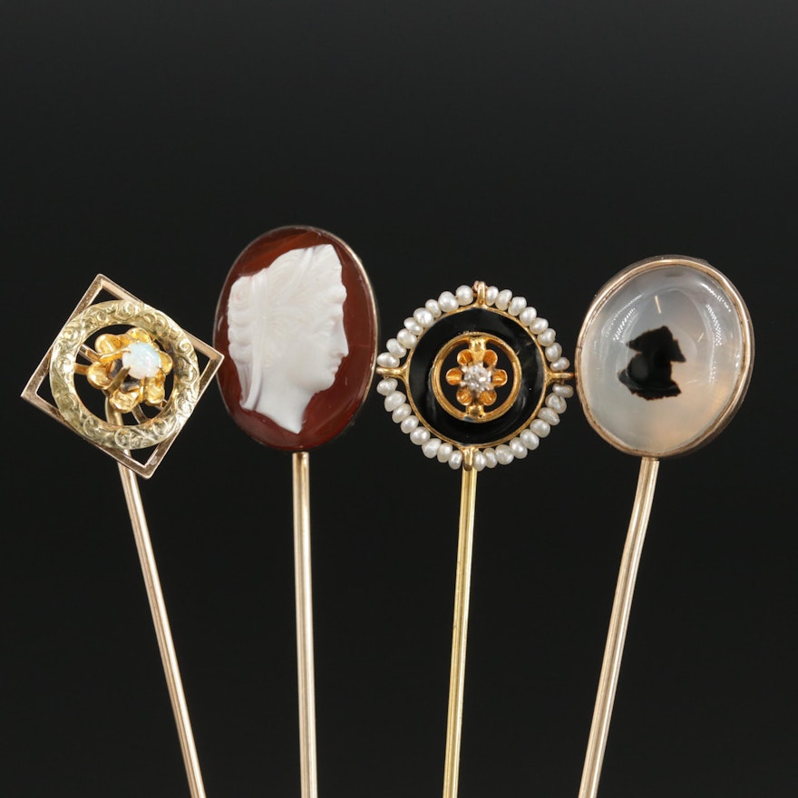 Collection of Vintage 10K Gold Stick Pin with Cameo and Diamond Pins