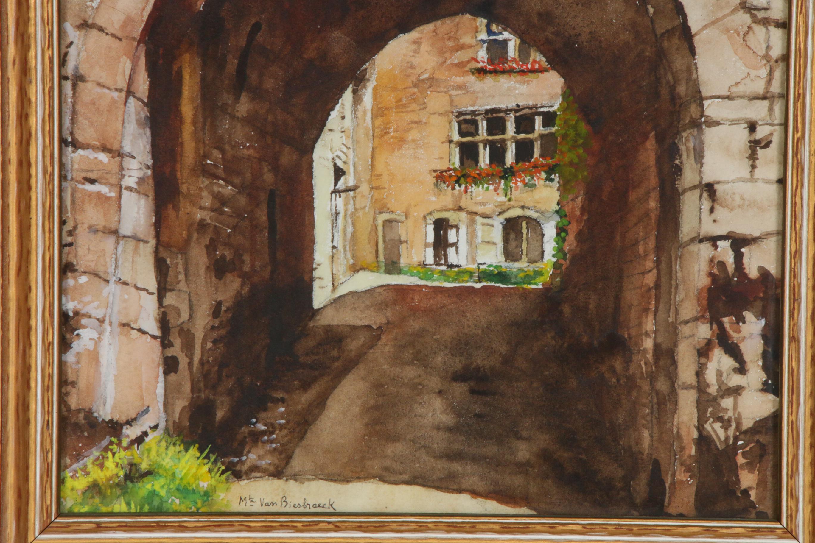 Marguerite Van Biesbroeck Village Scene Watercolor Painting