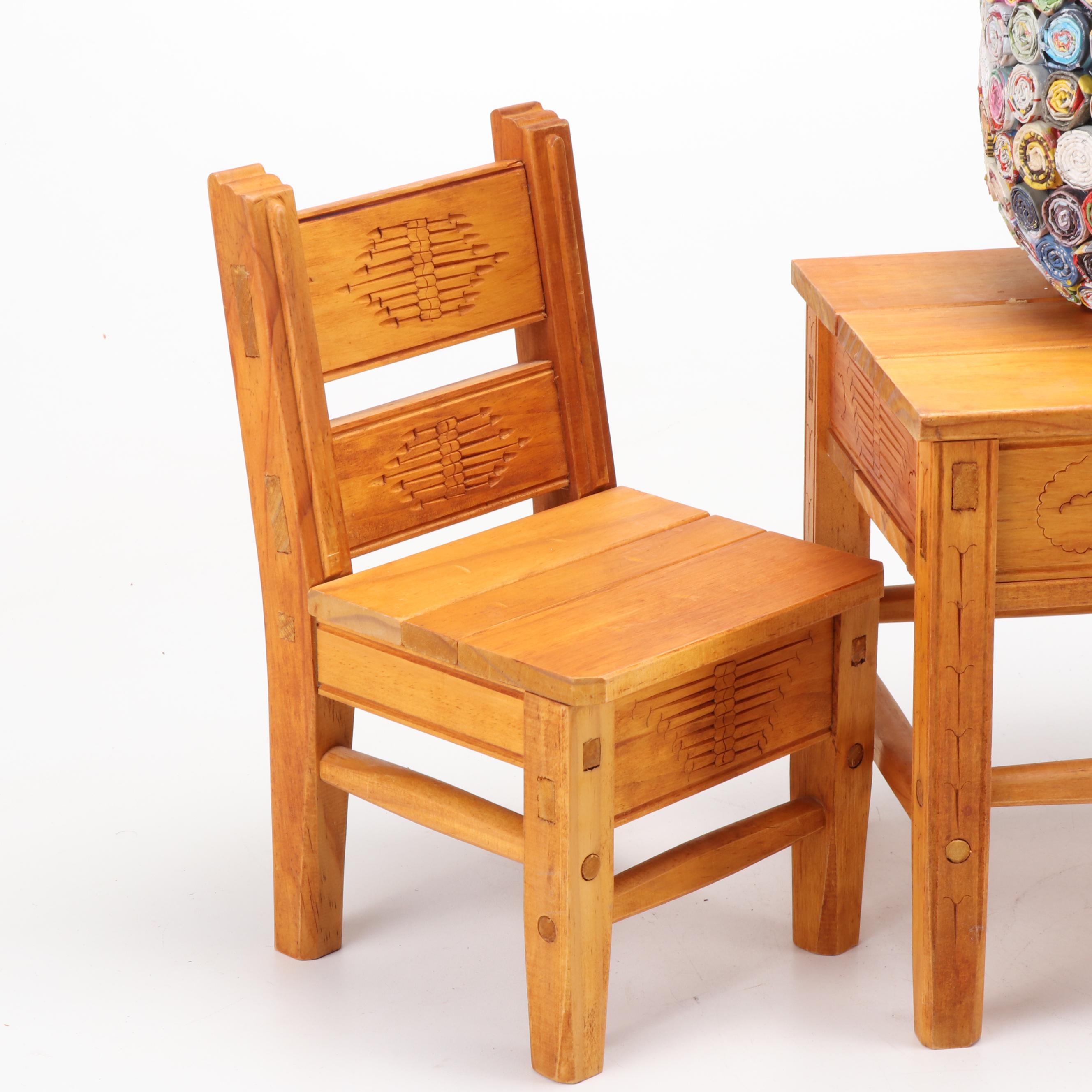 Artisan Carved Miniature Table with Chairs and Handmade Curled Paper Vase