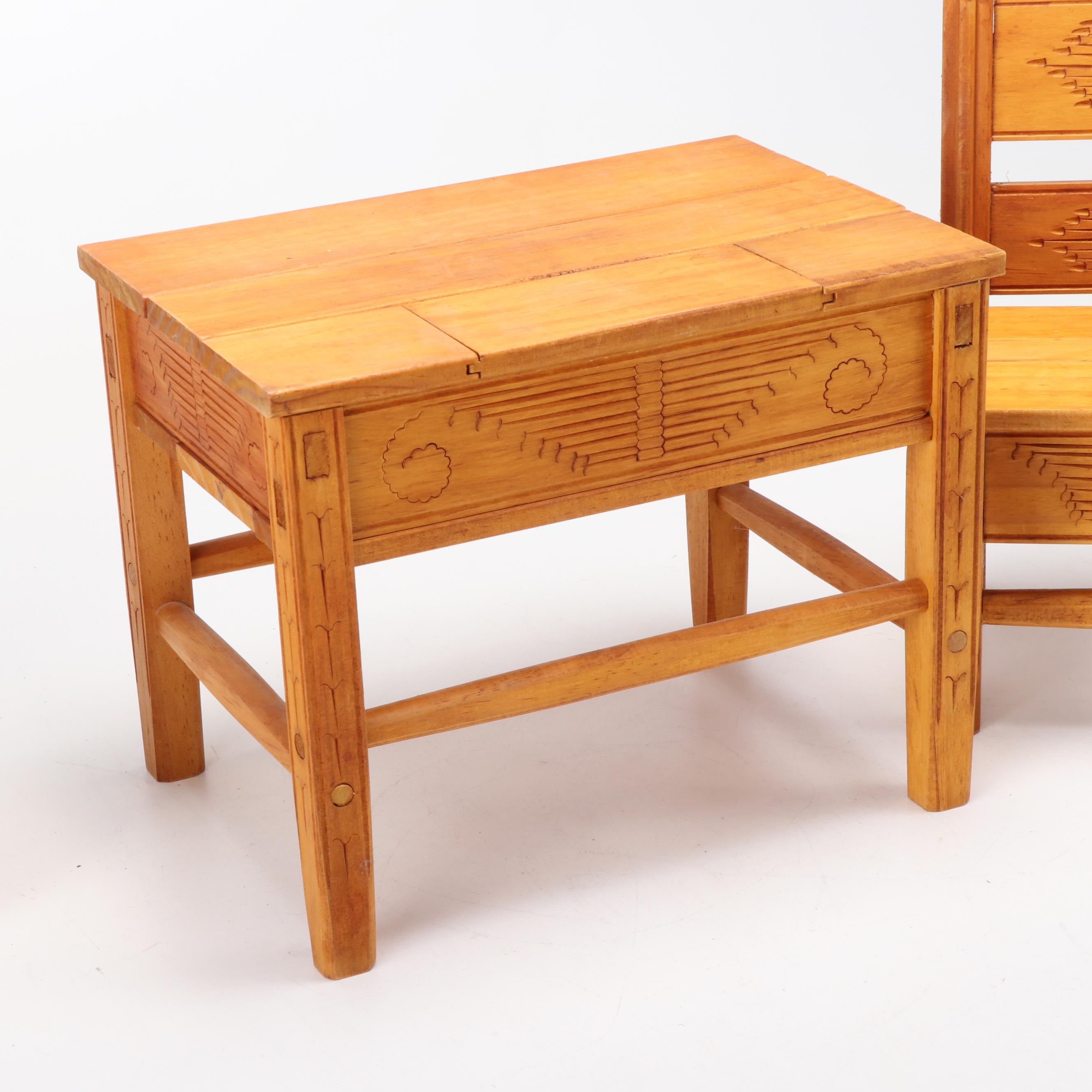 Artisan Carved Miniature Table with Chairs and Handmade Curled Paper Vase