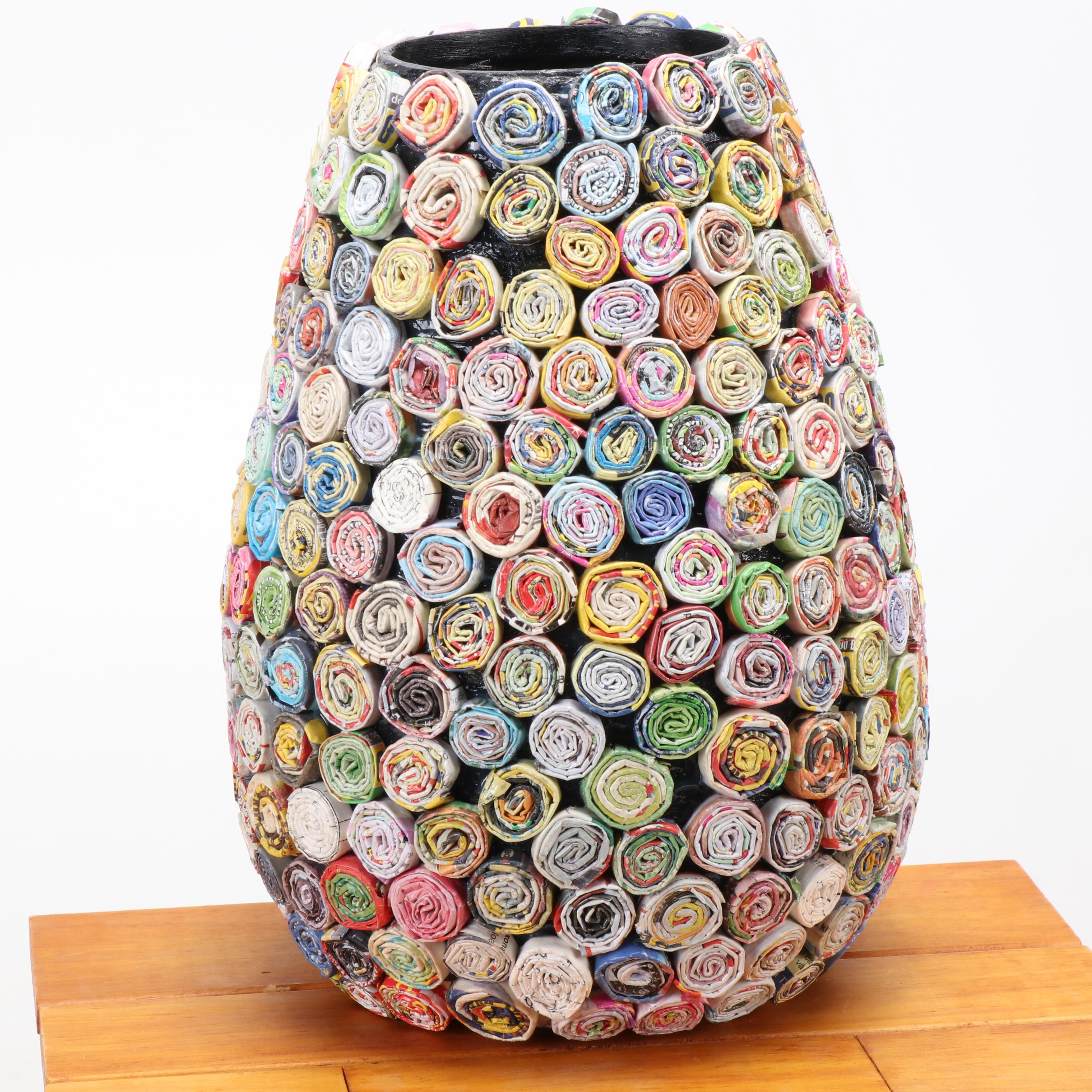 Artisan Carved Miniature Table with Chairs and Handmade Curled Paper Vase