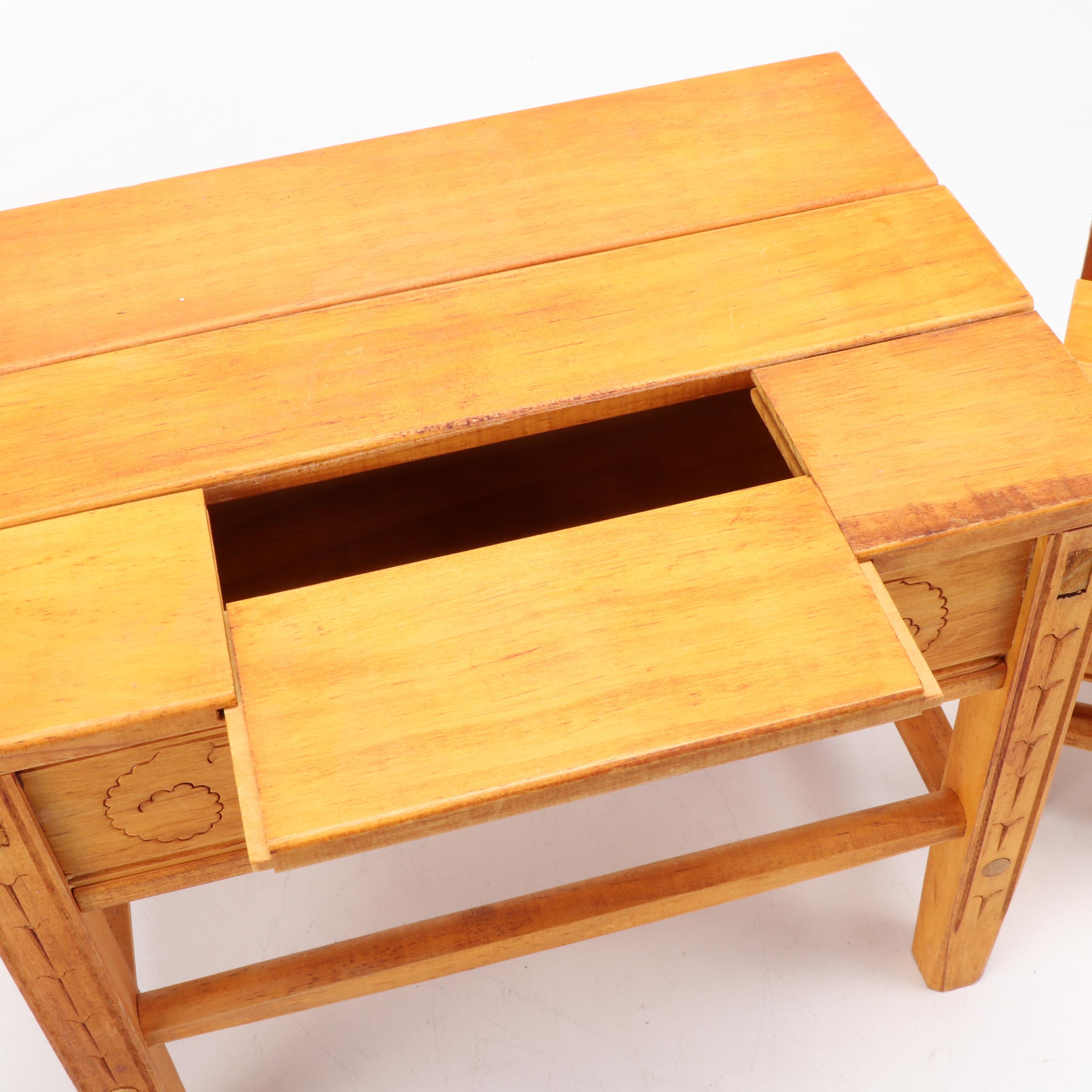 Artisan Carved Miniature Table with Chairs and Handmade Curled Paper Vase