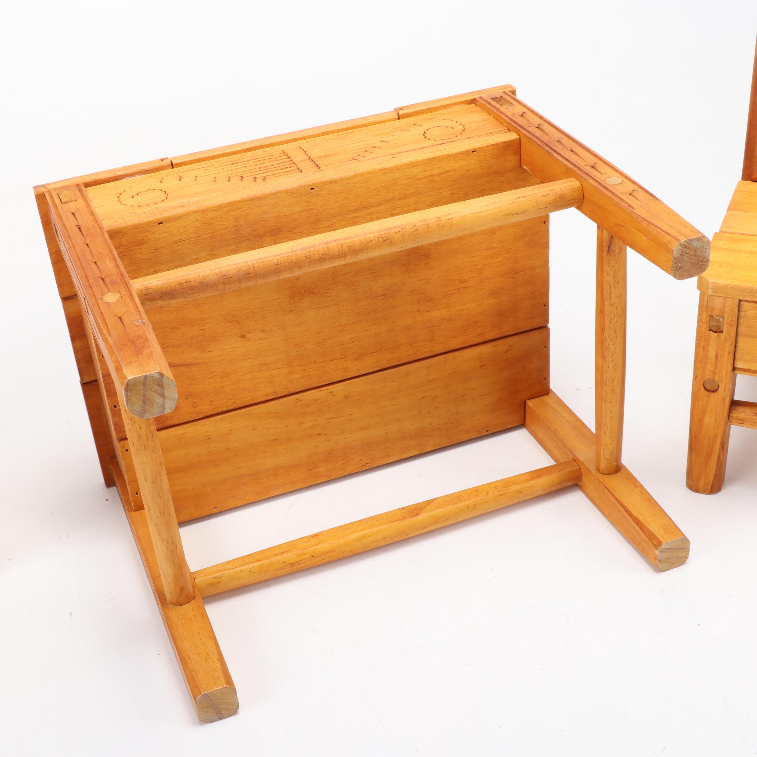 Artisan Carved Miniature Table with Chairs and Handmade Curled Paper Vase