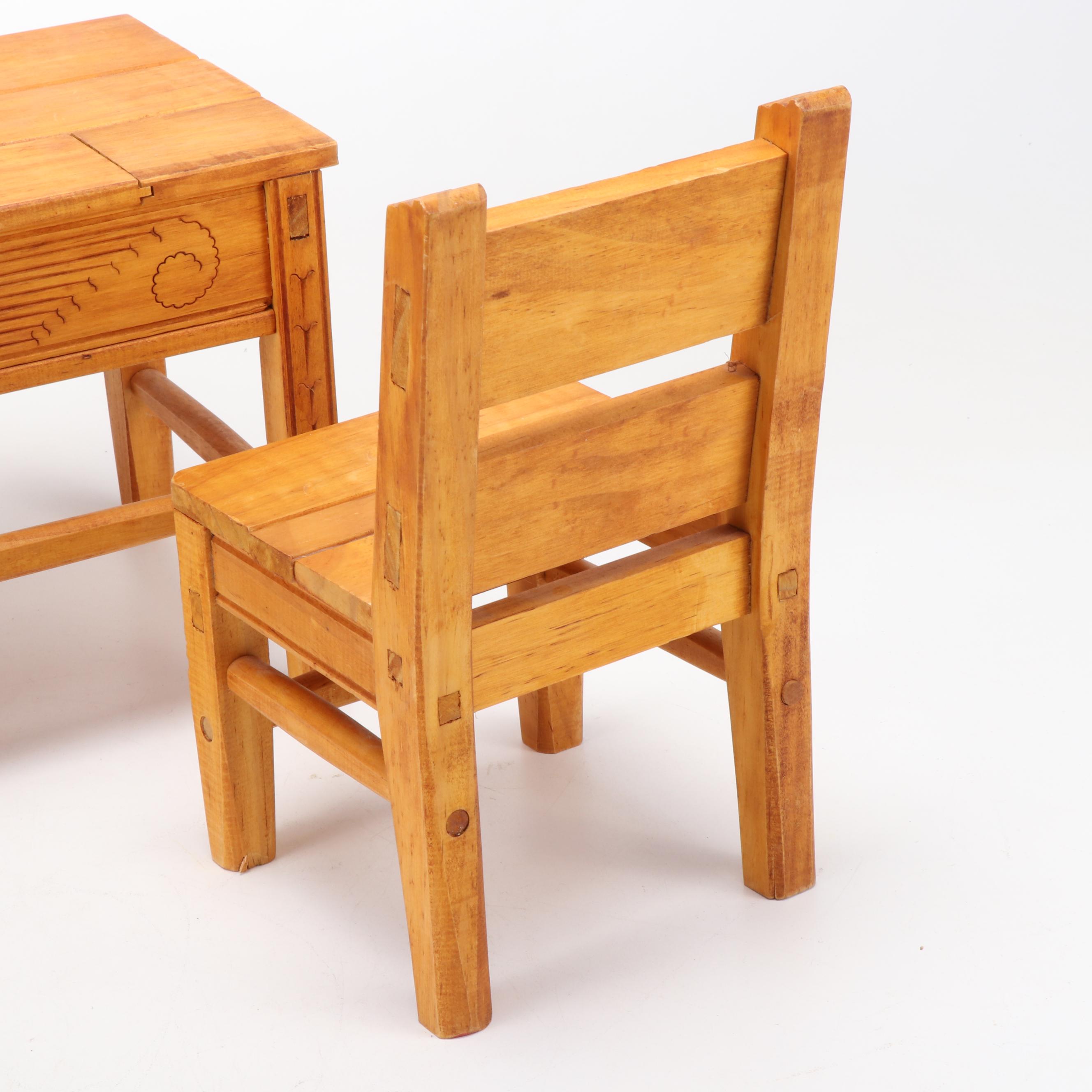 Artisan Carved Miniature Table with Chairs and Handmade Curled Paper Vase