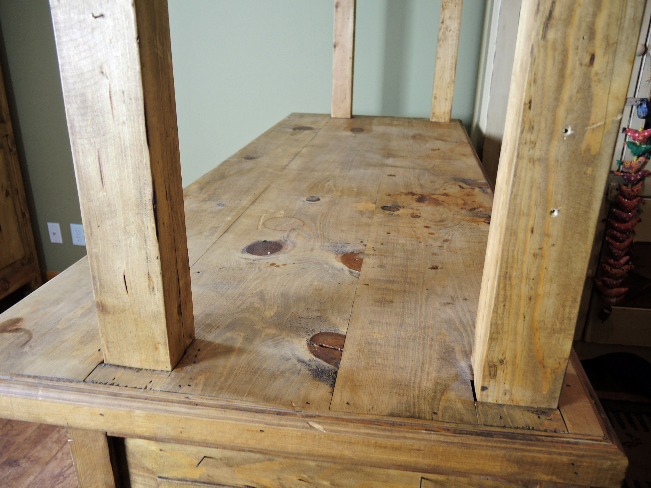 Mexican "Cantina" Pine Free-Standing Bar with Stained Glass Panel and Wine Rack