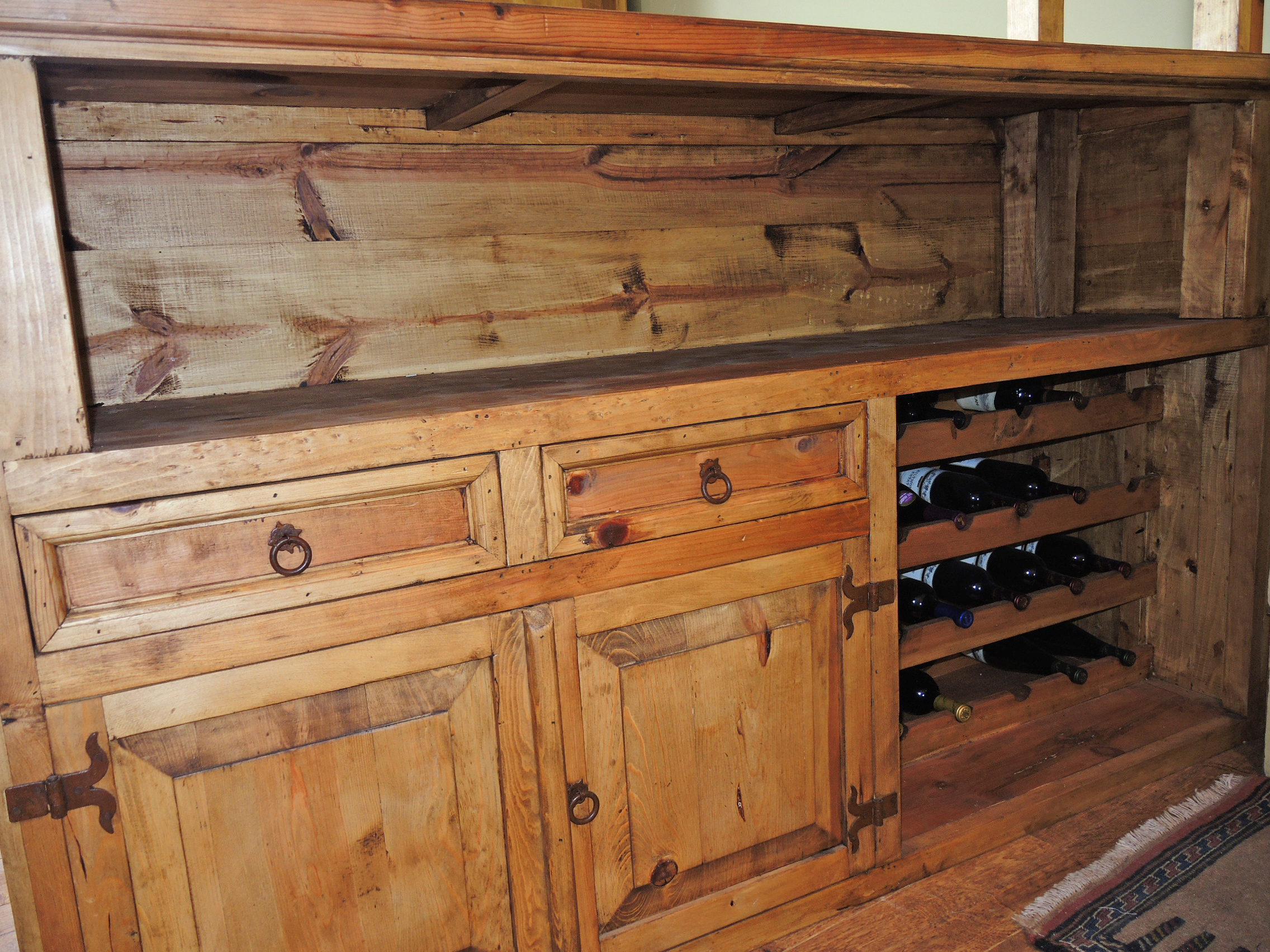 Mexican "Cantina" Pine Free-Standing Bar with Stained Glass Panel and Wine Rack