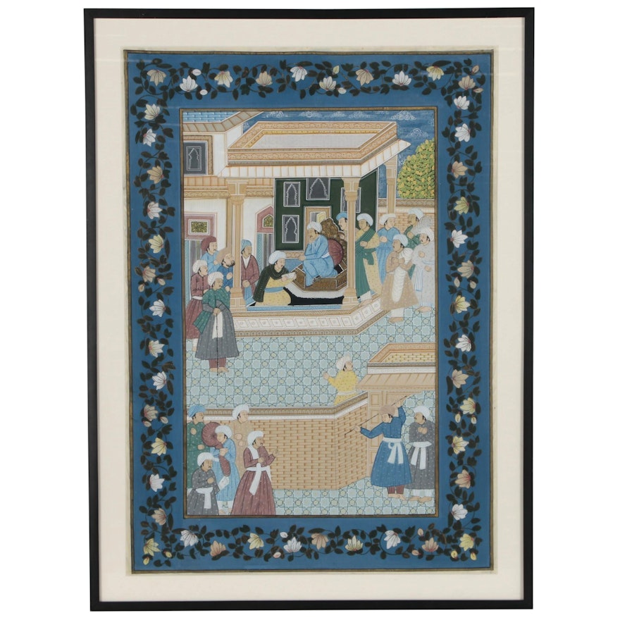 Persian Gouache Painting on Silk of Court Scene, 20th Century
