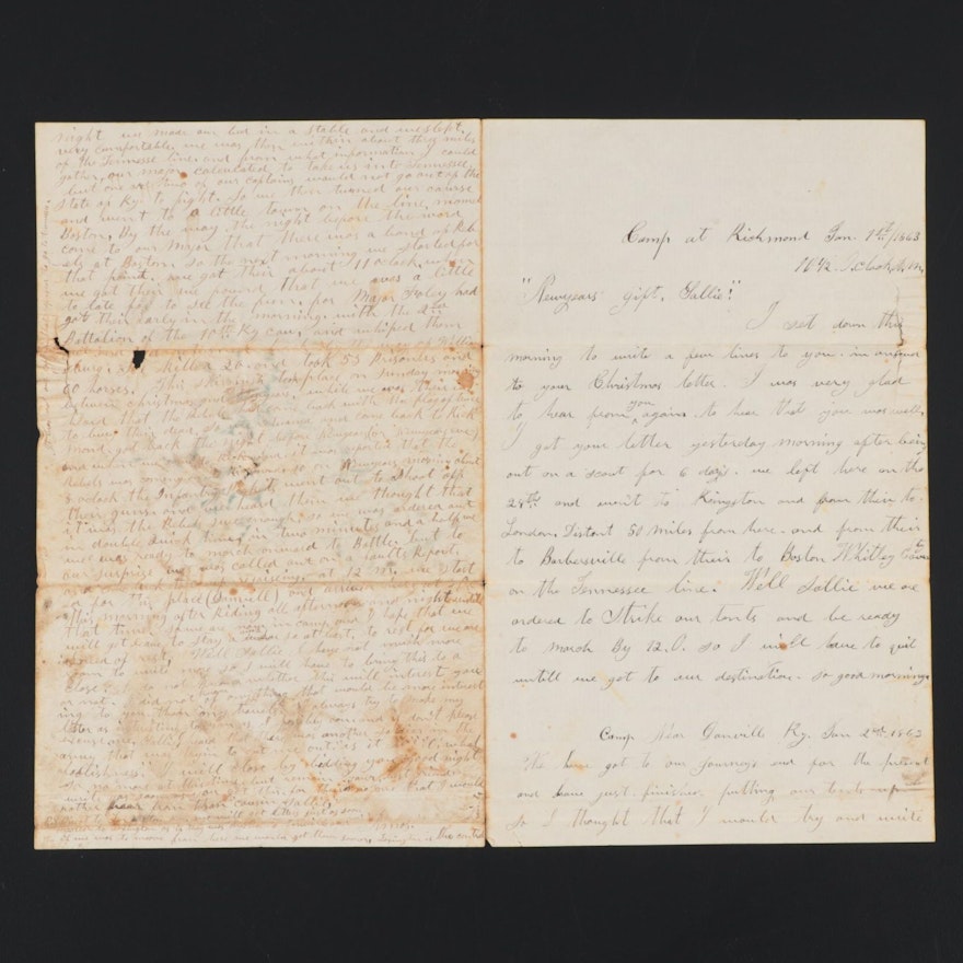 1863 Kentucky Civil War Union Soldier's Correspondence Letter to "Cousin Sallie"