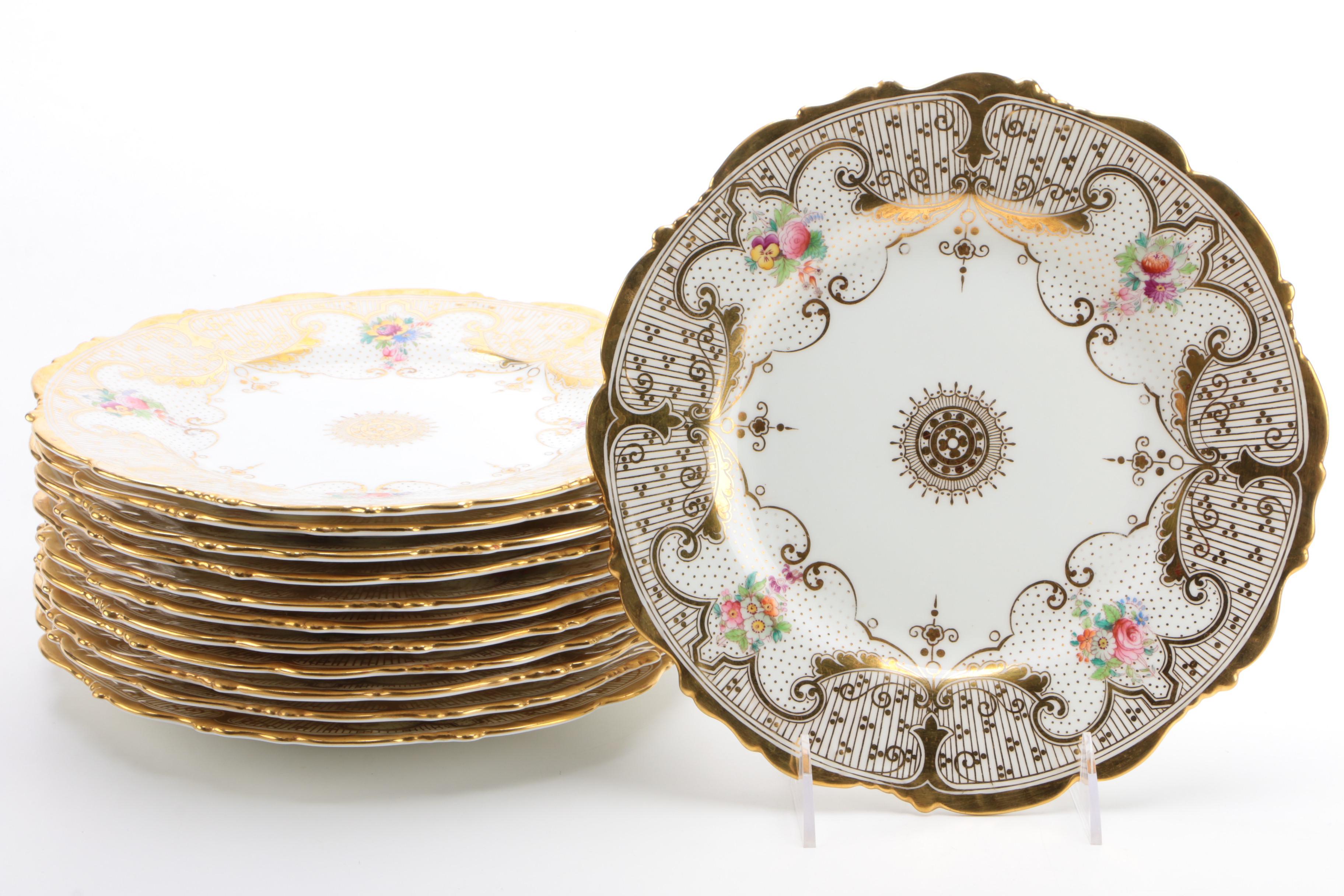 English Hand-Painted and Gilt Porcelain Floral Dinnerware Pieces