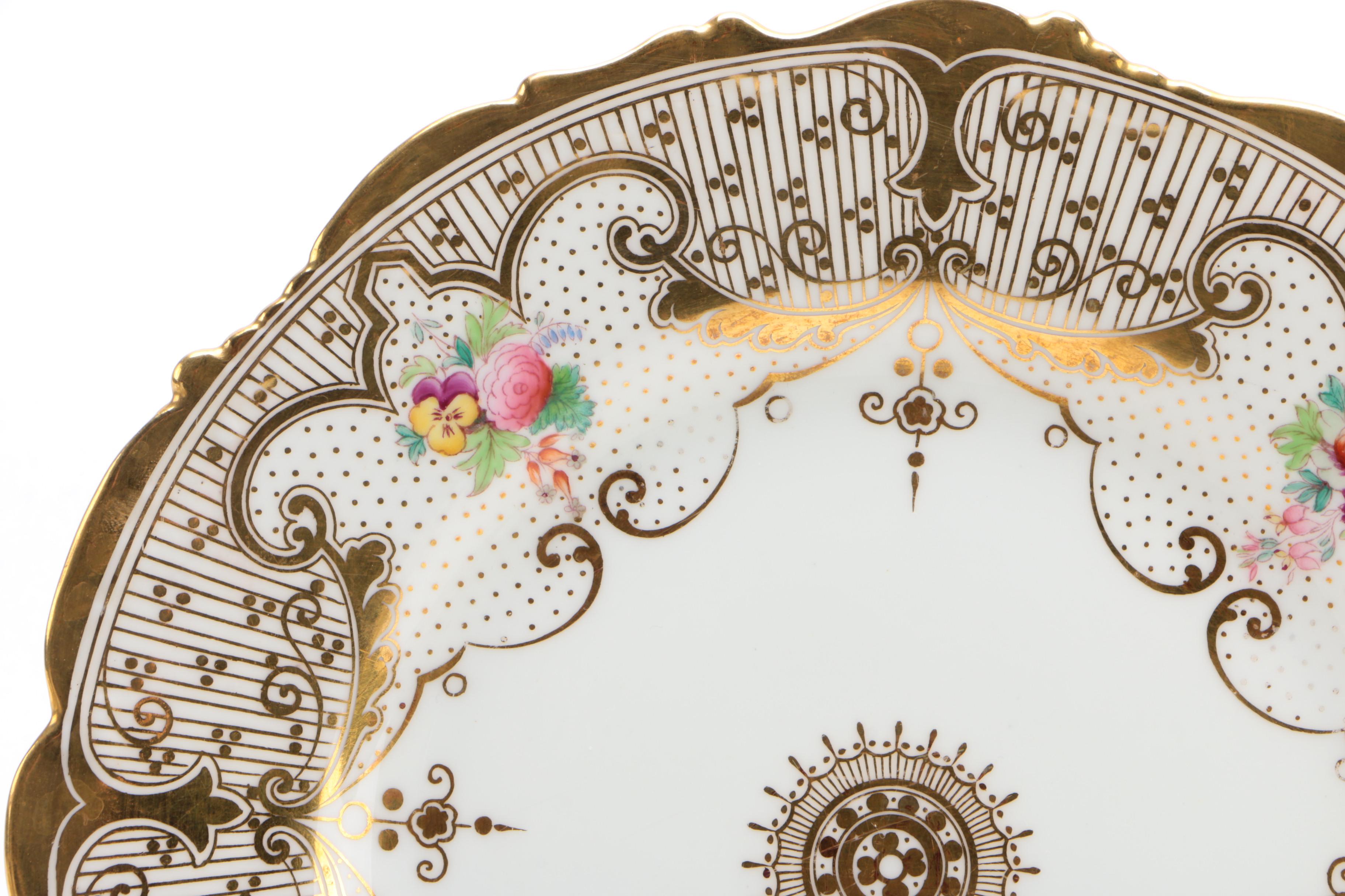 English Hand-Painted and Gilt Porcelain Floral Dinnerware Pieces