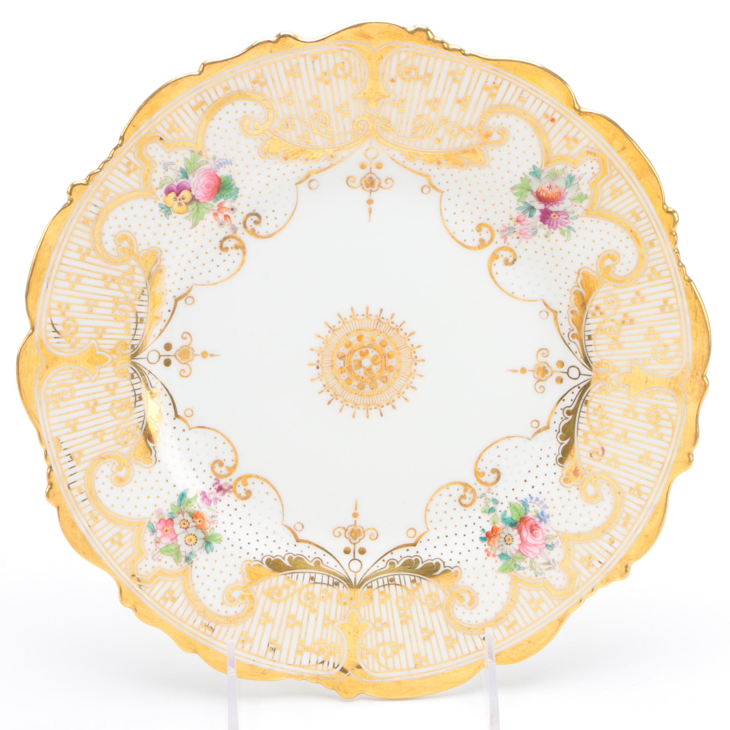 English Hand-Painted and Gilt Porcelain Floral Dinnerware Pieces
