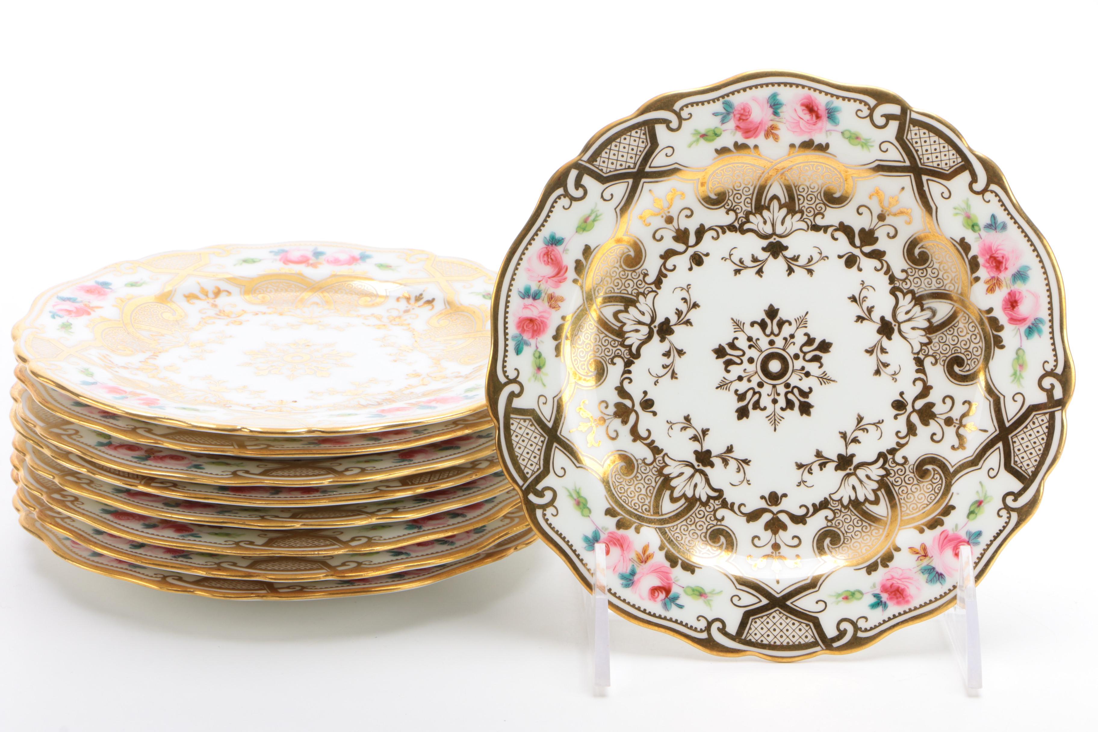 English Hand-Painted and Gilt Porcelain Floral Dinnerware Pieces